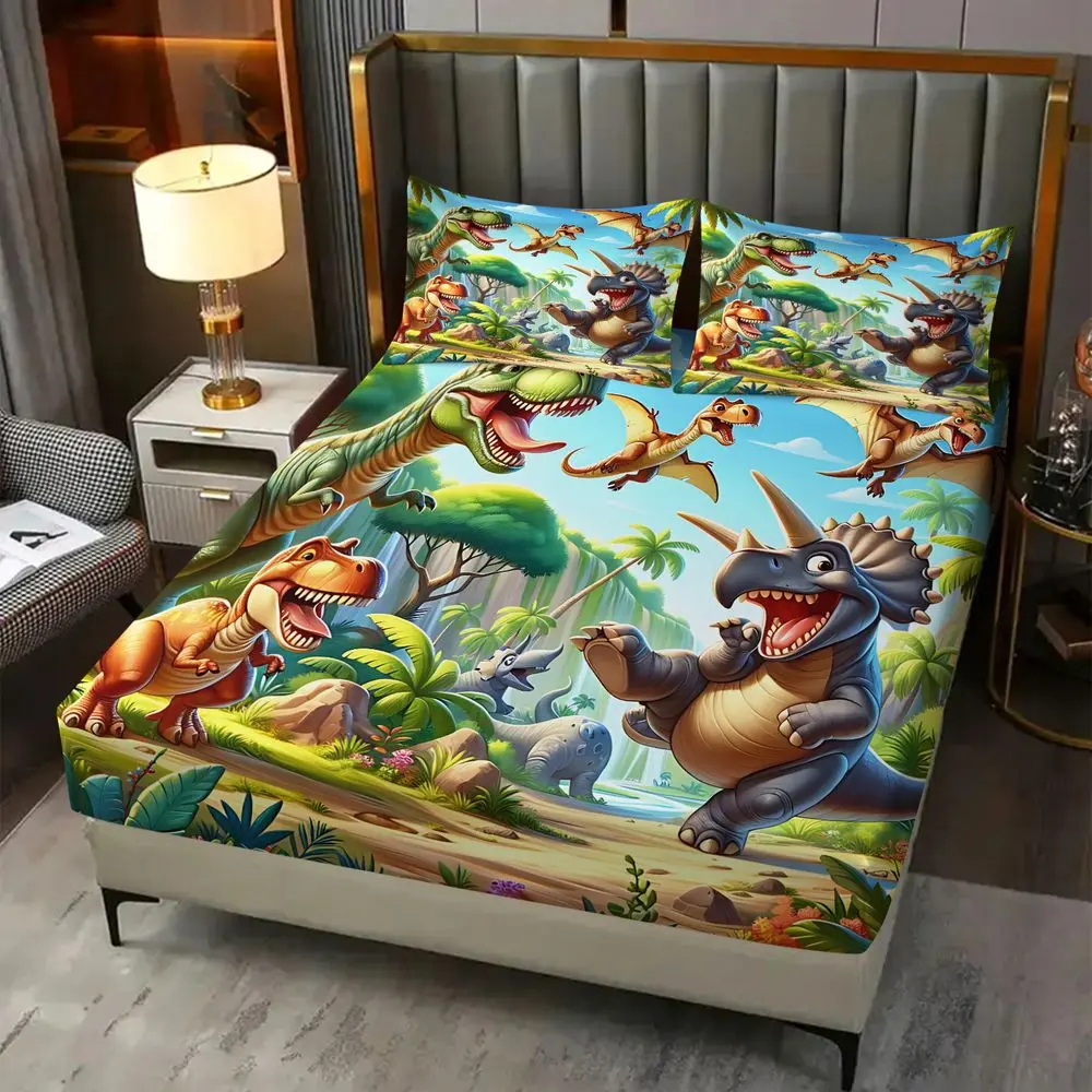 3Pcs Dinosaur Print Fitted Sheet Set (Includes 1 Fitted Sheet And 2 Pillowcases; No Pillow Core), Digital Printed Bed Sheet Set, Soft & Breathable, Breathable Bedding Sets, Kids Bedroom Decor, Deep Pocket, Elastic, All Season, Twin/Full/Queen Bedding Set