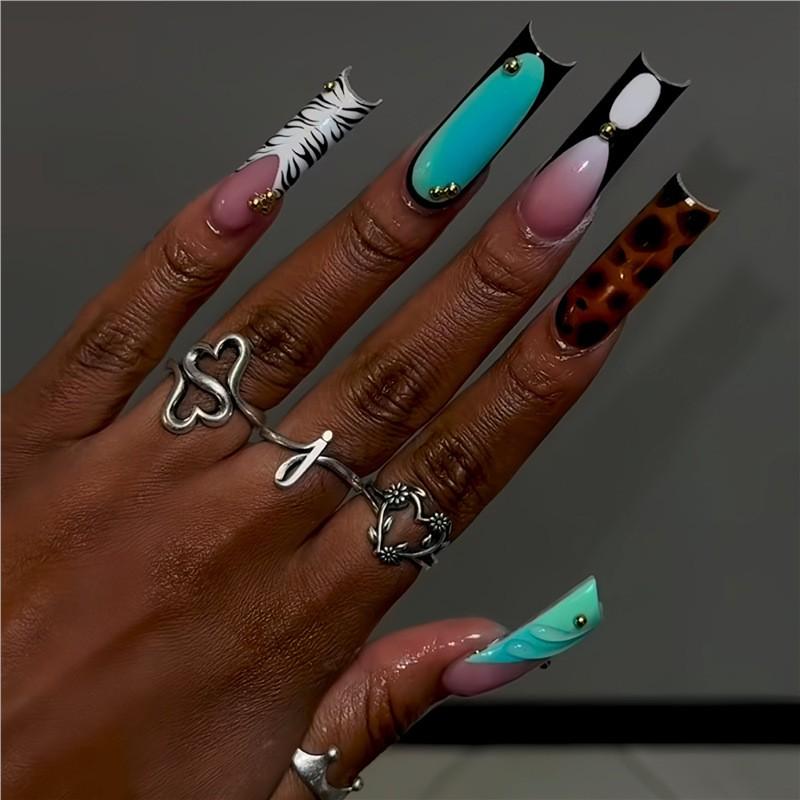 24pcs 3D Mixed Pattern Square Nails, Zebra Leopard Lake Blue Design with Gold Beads, Glossy Reusable False Nails, Y2K Style, Party & Daily Wear