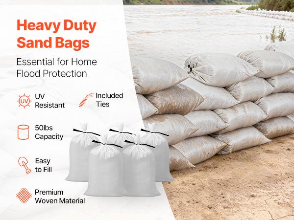 VEVOR Empty Sandbags, 200 Packs 16x 26 in, Heavy Duty Sand Bags Sacks with Ties, 50lb Capacity Woven Polypropylene Sandbags, Tear-Resistant UV-Resistant Sand Bags for Flood Protection Barrier