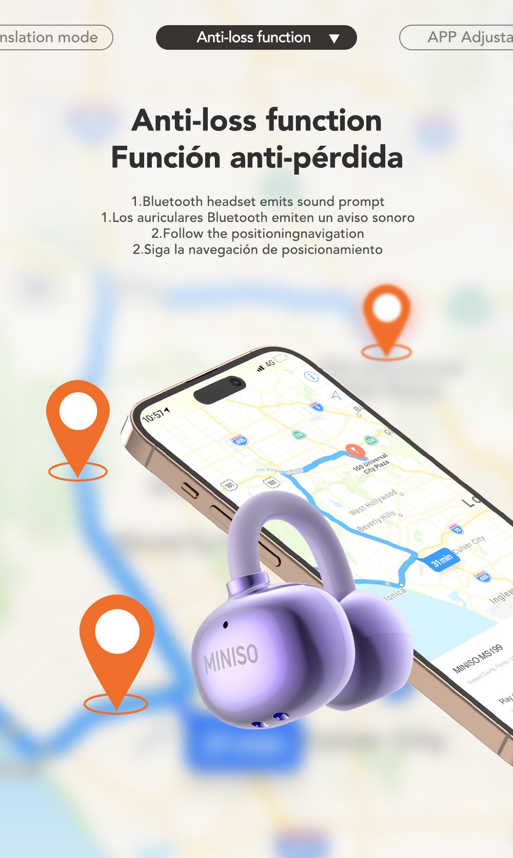 MINISO MS199 Translation Clip On Ear Headphones Full Color Touch Screen, Audio Wireless Headphones Support 135 Languages Real Time Bluetooth Translation Built-in Microphone for Music & Phone Calls,Sport Waterproof & Sweatproof