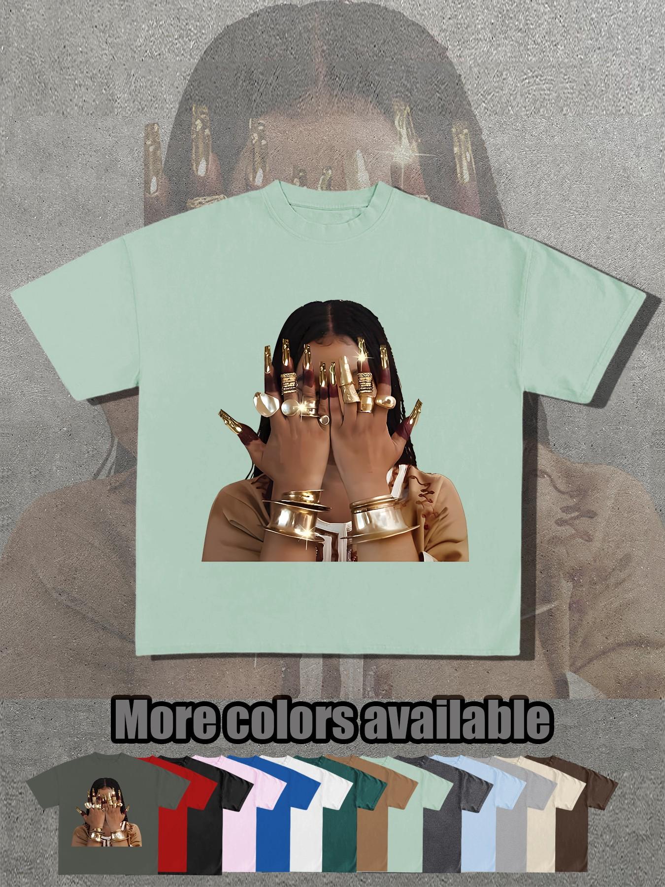 14 Color Options, Retro Egyptian Queen Gold Nail Print T-Shirt, Unisex Short Sleeve, Loose Fit, Street Style, Summer Fashion Essential