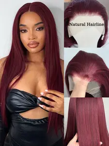 Burgundy 13x4 Lace Front Wig, Fashion Synthetic Fiber Long Silky Straight Hair, Wine Red Women's Wig, Natural Hairline Transparent Lace,Daily Wear Wigs for Women