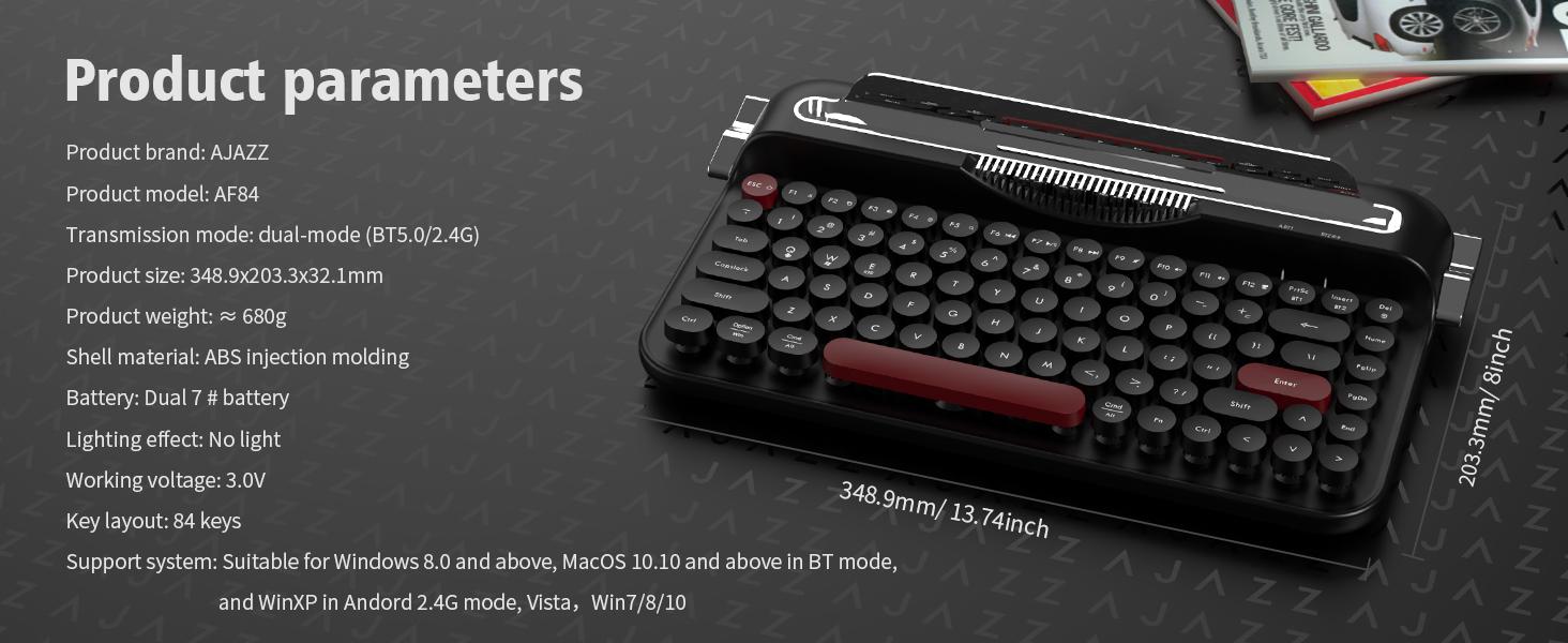 AF84 membrane keyboard wireless dual-mode 2.4G+Bluetooth AJAZZ office keyboard dual color circular keycap retro typewriter keyboard with grooves for placing mobile phones and tablets, high-value girl gift, self provided AAA battery * 2