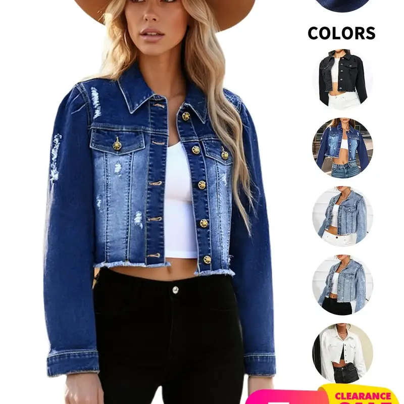 Women's High Elasticity Raw Hem Long Sleeve Collared Button Down Cropped Denim Jean Fashion Jacket, Coats, Casual Plain Ripped Style for All Seasons, Long Sleeve Women's Outerwear, Casual Fashionable Outerwear
