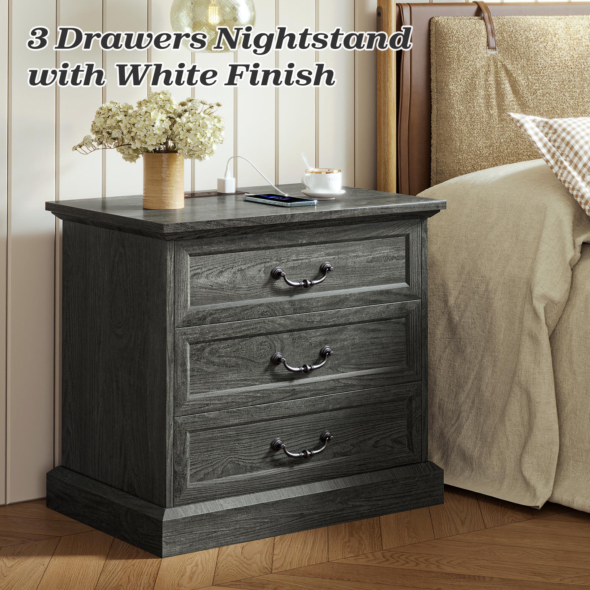 Huuger Nightstand with Charging Station, 3 Drawer Night Stand, 22 Inch Wider Side Table with Storage, Farmhouse Nightstand with Vintage Handles, Thicken Base, for Bedroom