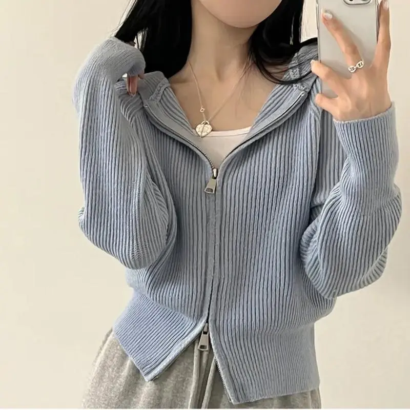 Hooded Knit Cardigan for Women Long Sleeve Fuzzy Zip Up Knit Crop Sweater Jacket Fall Winter Teen-girl Y2K Acubi Outfit