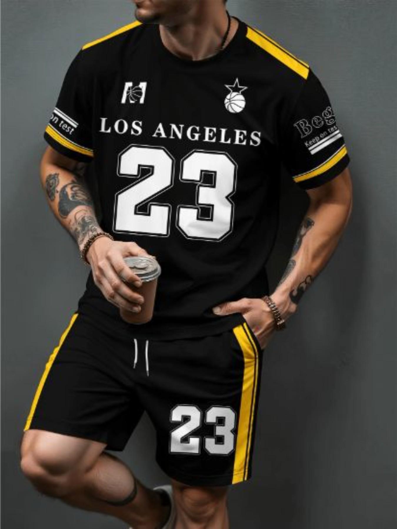 Men's 2-Piece Summer Set, Short Sleeve Printed T-Shirt & Shorts, Casual Fitted Style, Above the Knee, Trendy Summer