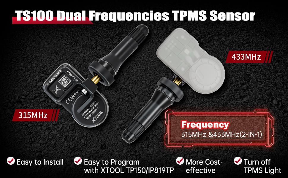 [Summervibes] XTOOL TS100 TPMS Sensor(315/433MHz), Programmable Car TPMS Sensor Replacement, Tire Pressure Monitoring System Sensor, Work with XTOOL TP150/IP819TP tire pressure monitor tpms programming tool