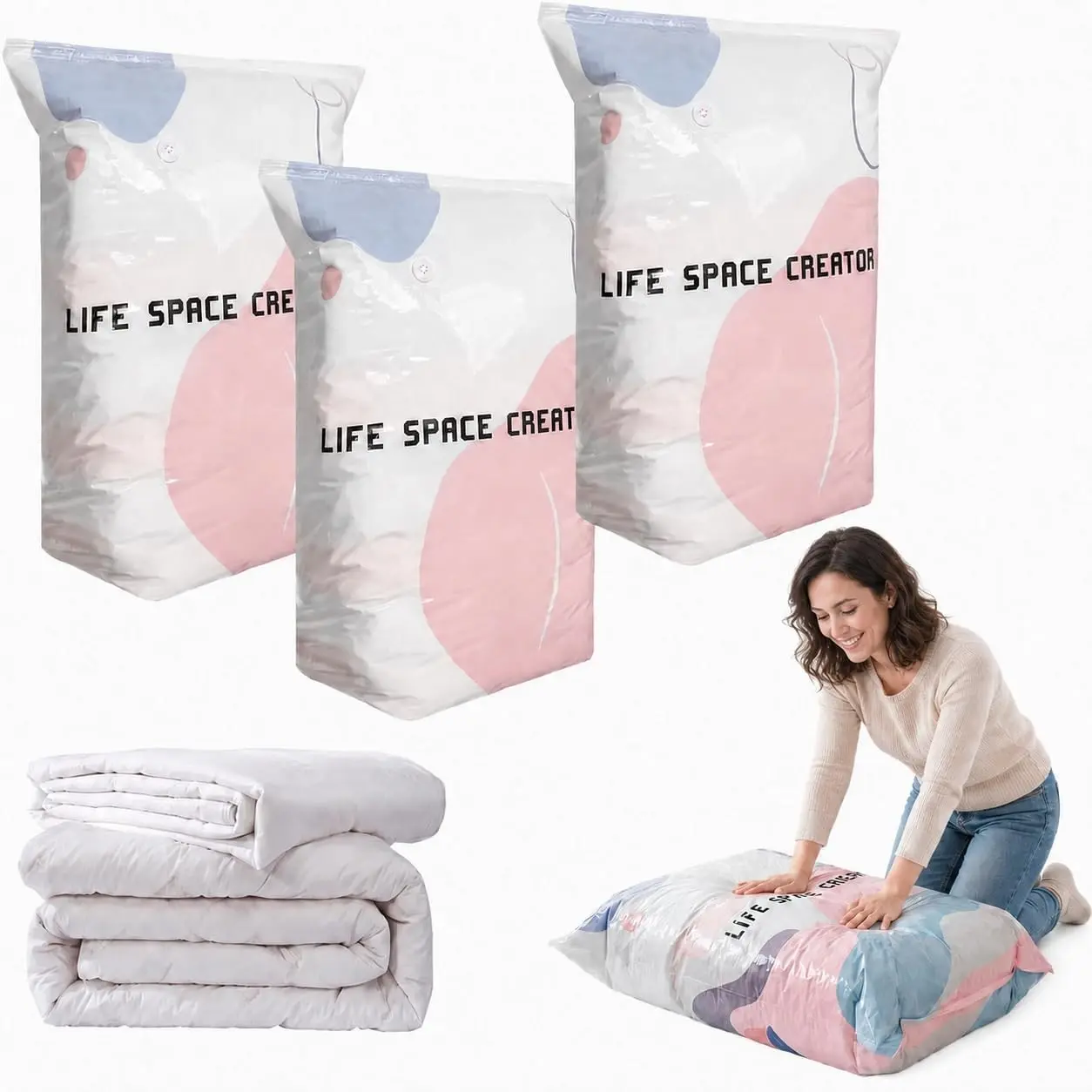 3 Pack No Pump Vacuum Storage Bags, Large 3D Cube Space Saver Bags | Press out air with no pump; roomy 3D cube bags organize clothes, comforters and blankets for closets, travel or moving. Vacuum Sealer Bags for Clothes