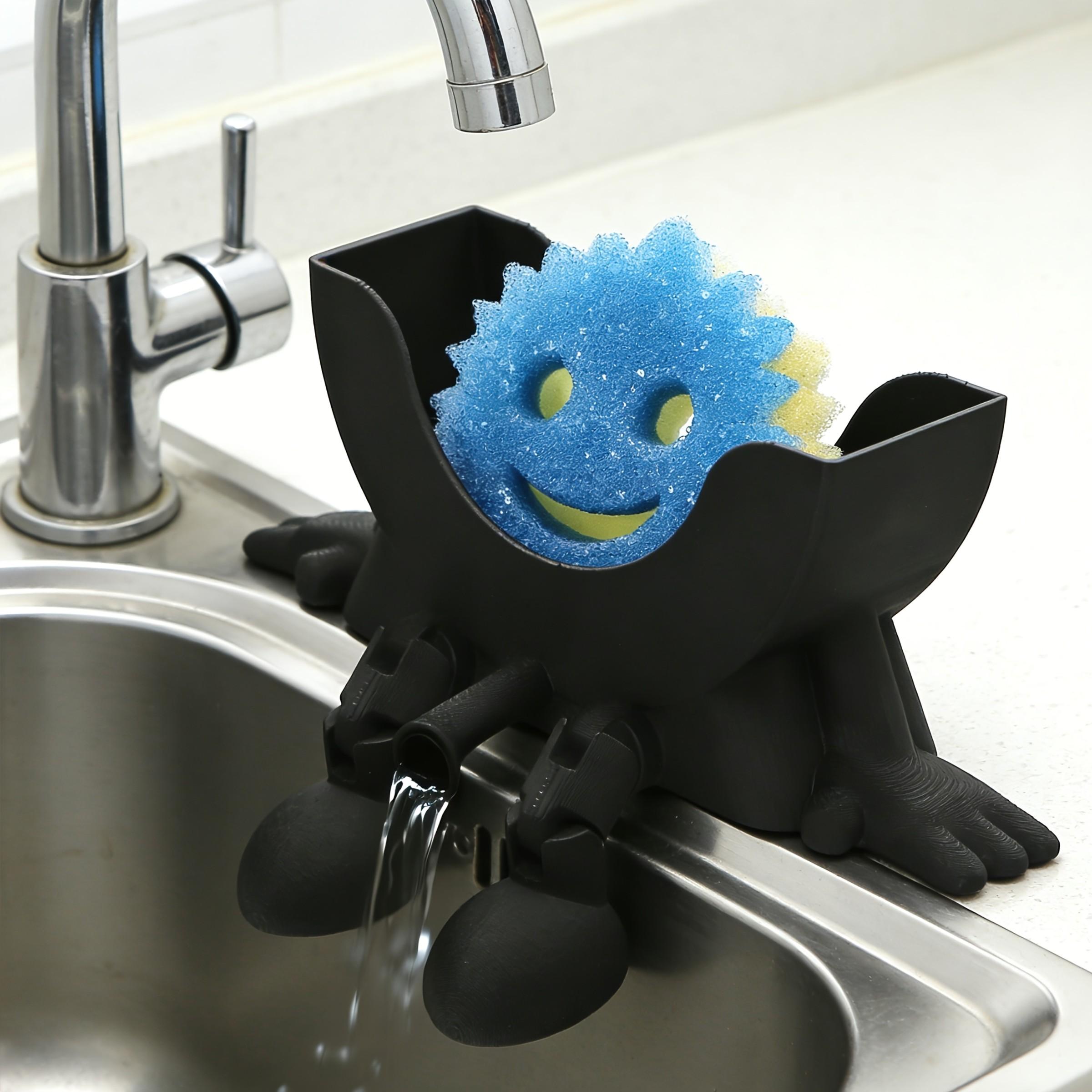 Smiley Dish Sponge Holder, Hinge Joint Adjustable Kitchen Sink Bathroom Sponge Rack, Drainage Slot Countertop Storage Box