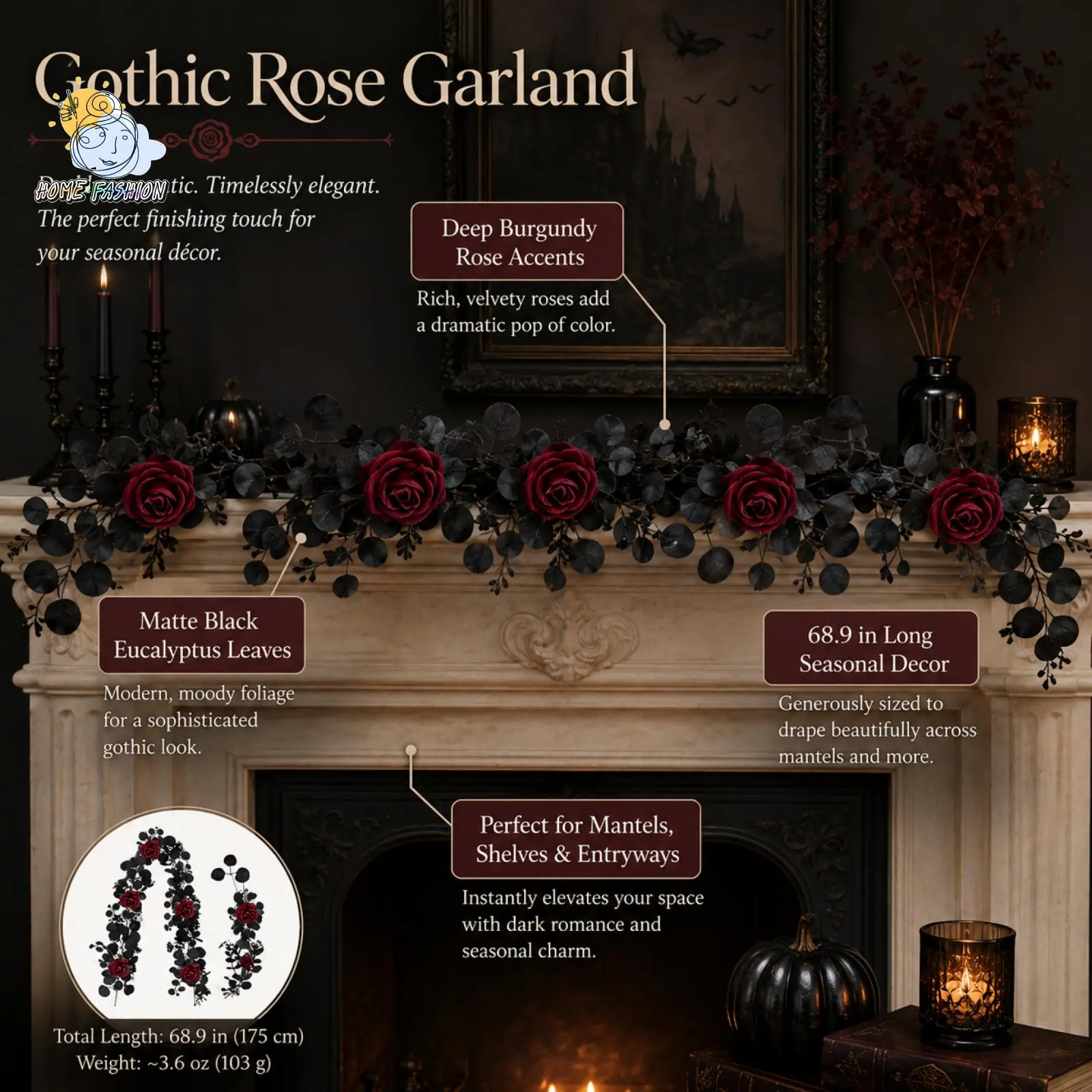 Halloween Gothic Artificial Garland - 3 Styles Bendable Vines with Black Eucalyptus, Burgundy Pumpkin Roses, Plastic Silk Ornaments, 175cm Fake Floral Decor for Mantle Draping, Arch, Doorway Party Supplies