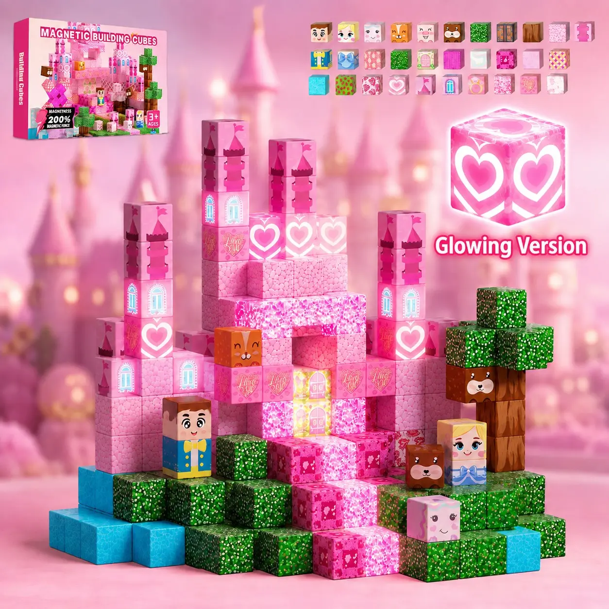 Dreamy Princess Castle Magnetic Blocks Set, Glow Version, Girl Gift Toy, Parent-Child Interaction, Birthday Present, Ages 6+, Magnet Building Set