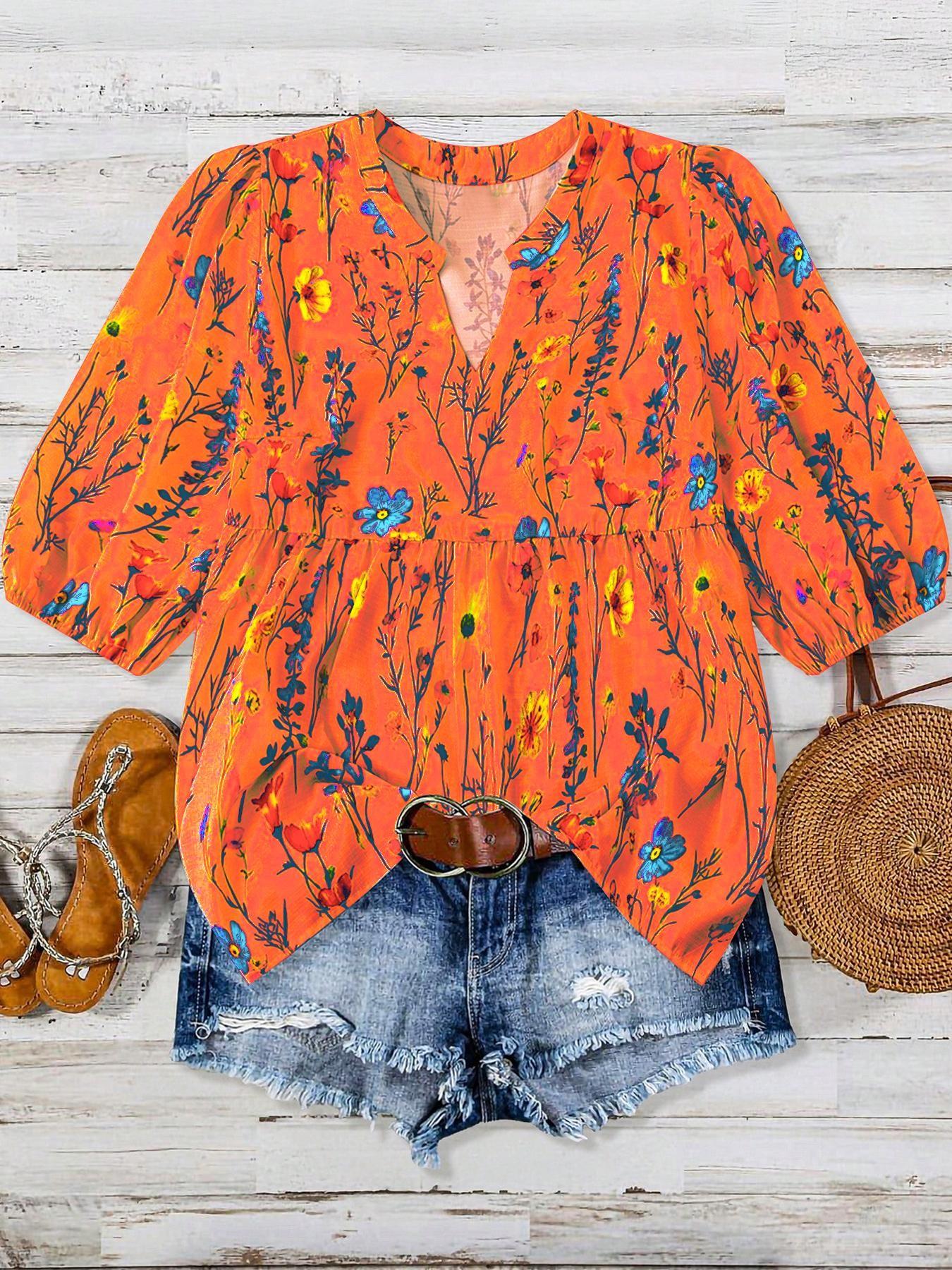 Fresh Wildflower Print V-Neck Bubble Sleeve Loose Doll Top, Casual Vacation Plus Size Shirt, Women's Fashion Blouse, Womenswear