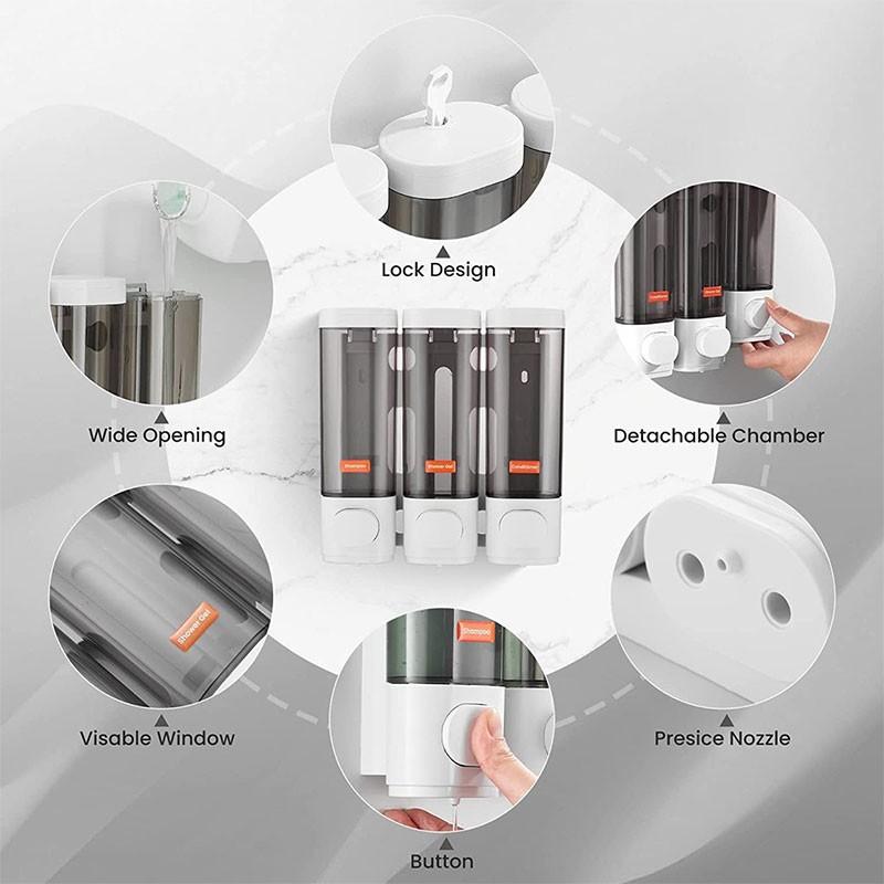 3-In-1 Square Shower Dispenser, Wall-Mounted Shampoo, Conditioner, Soap Dispenser, No Drilling, Bathroom & Hotel Use, Stylish Triple Organizer