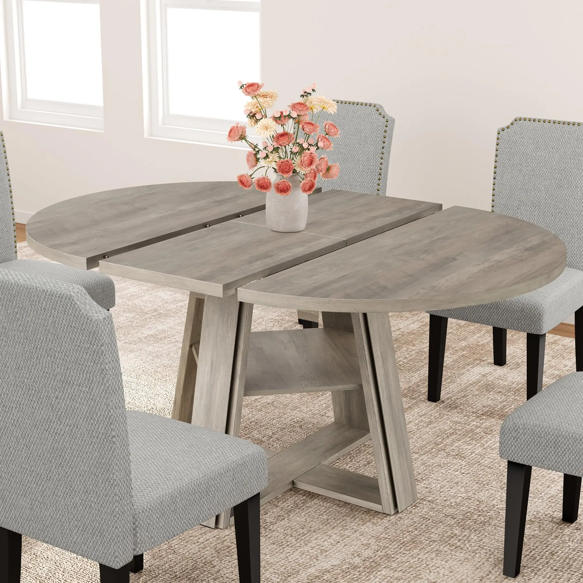 Extendable Dining Table for 4–8 – Space-Saving Oval/Round Table with Wooden Pedestal Base & Storage Shelf – Ideal for Apartment or Dining Room (Table only)