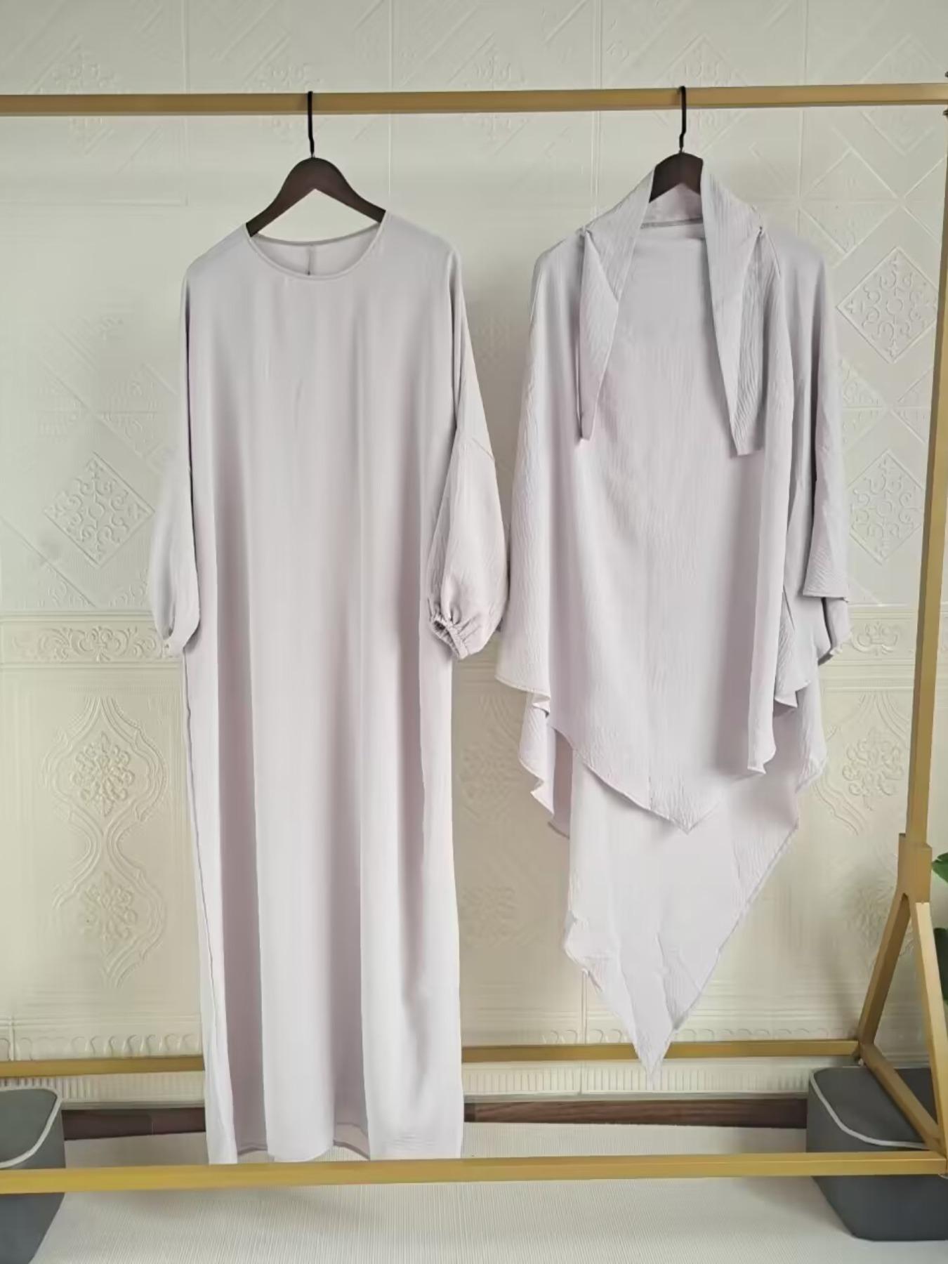 Women's Solid Long Sleeve Abaya & Hijab Set, Modest Fashionable Two-piece Outfits for Women, Women's Islamic Clothing for Daily Wear