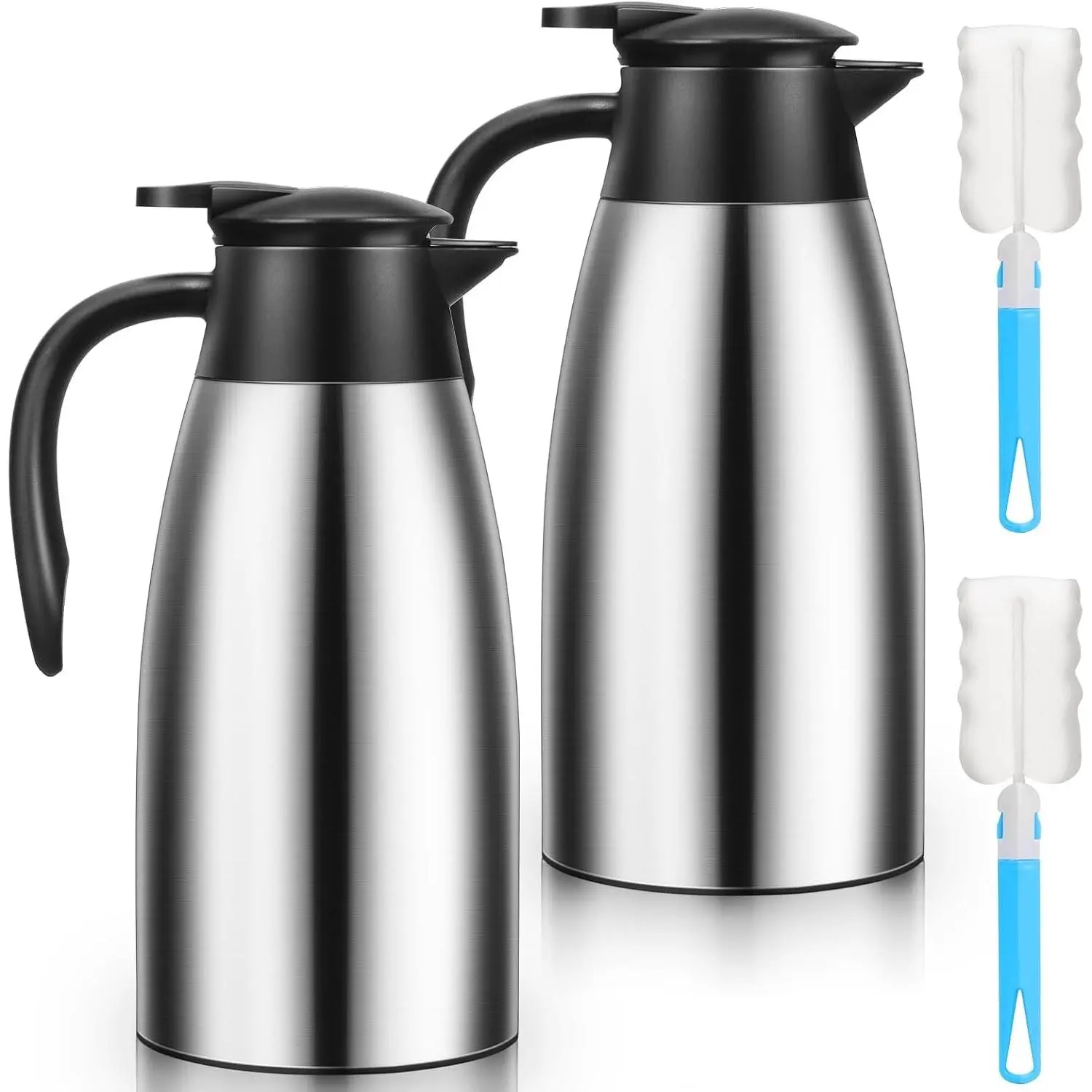 2 PCS 68 OZ Thermal Coffee Carafe, Insulated Stainless Steel Coffee Carafe Double Walled Vacuum Thermal Pot Flask with Brushes for Keeping Hot Coffee Tea Home and Office (Silver)