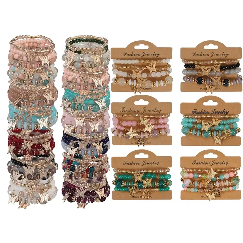 24/48Pcs Bohemian Multi-Layer Glass Beaded Bracelet Gift Sets for Women, Elastic Butterfly Charm Beaded Bracelet, Wrist Stack, Casual Daily Wear, Elegant Boho Festival Jewelry, Ideal Anniversary Gift, Glass Beads, Suitable for Ladies Womens