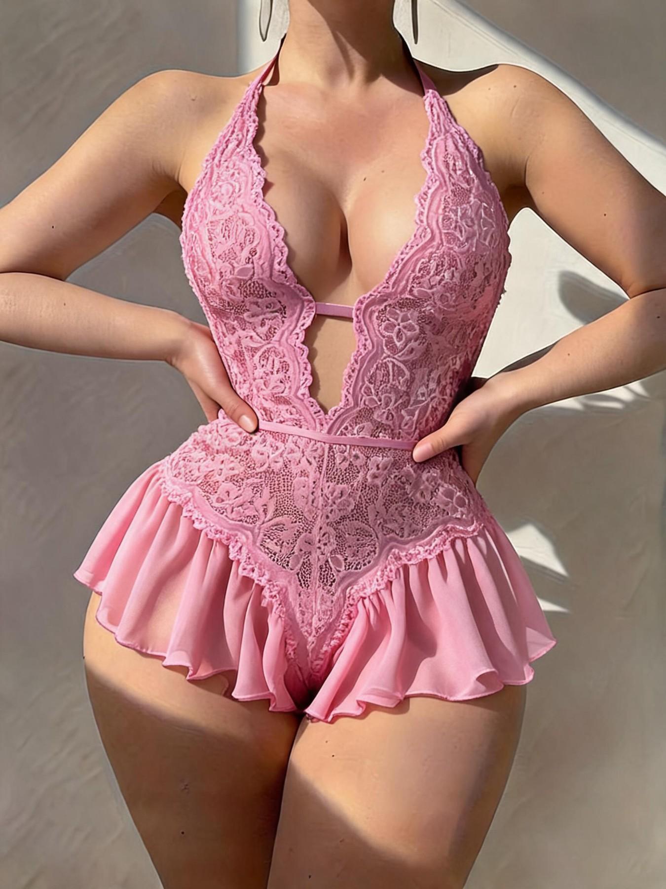 Women's Lace Jumpsuit, Halter Deep V Sheer Ruffle Design, Couples Date Night Pajamas, Elegant Plain Style, All Seasons Wear Women's Lace Jumpsuit, Halter Deep V Sheer Ruffle Design, Couples Date Night Pajamas, Elegant Plain Style, All Seasons Wear