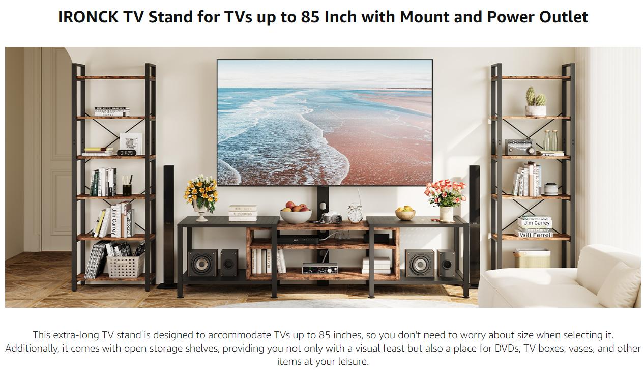 IRONCK 79" TV Stand - Fits 85" TVs, Mount, Power Outlet, 3-Tier Storage