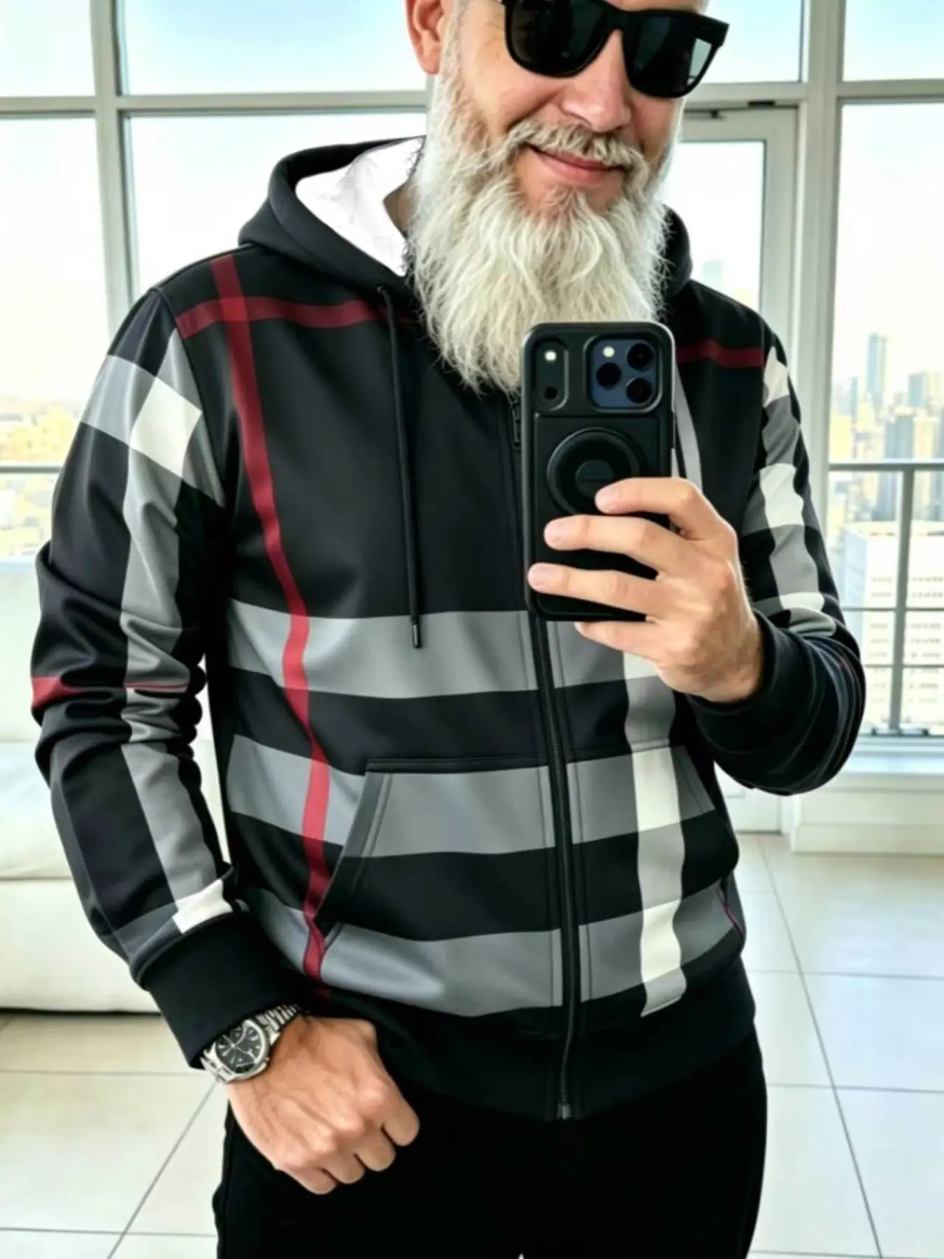 Men's Gingham Fashion Hooded Jacket, Long Sleeve Slim-Fit Outerwear, Fall & Winter Sports Hoodie, Casual Men's Clothing