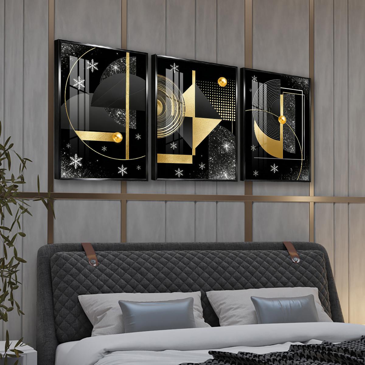 3 Counts Aluminum Alloy Framed Painting, Geometric Gold And Black Abstract Art Pictures, Home Decoration For Living Room, Bedroom, Office, Restaurant, Hallway Wall Decor, Odorless Print Artwork, Luxury Perfect Gift For Friends And Family