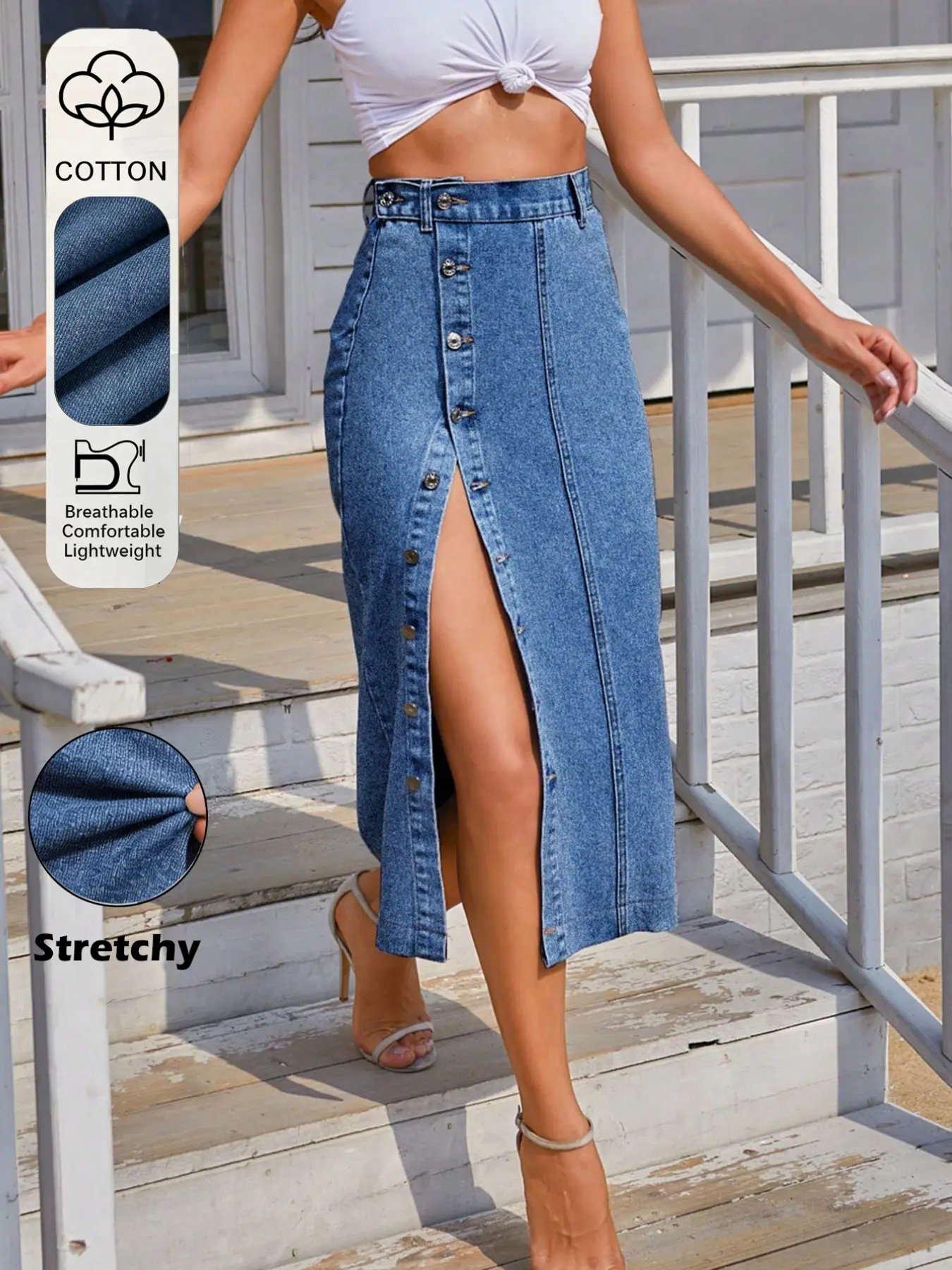 Women's Denim Midi Skirt, High Waist Stretch Split, Button Front Design, Casual Elegant Style, A-Line Fit, Plain Surface, Unlined