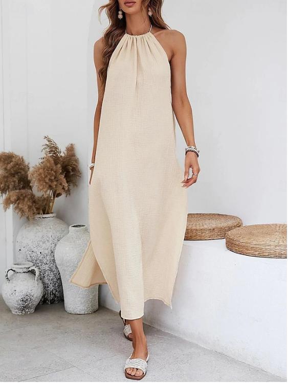 Women's Stunning Backless Halter Maxi Dress Elegant Split Hem Summer Dress Perfect for Beach Vacation Casual Fabric Boho Elegance Style Summertok