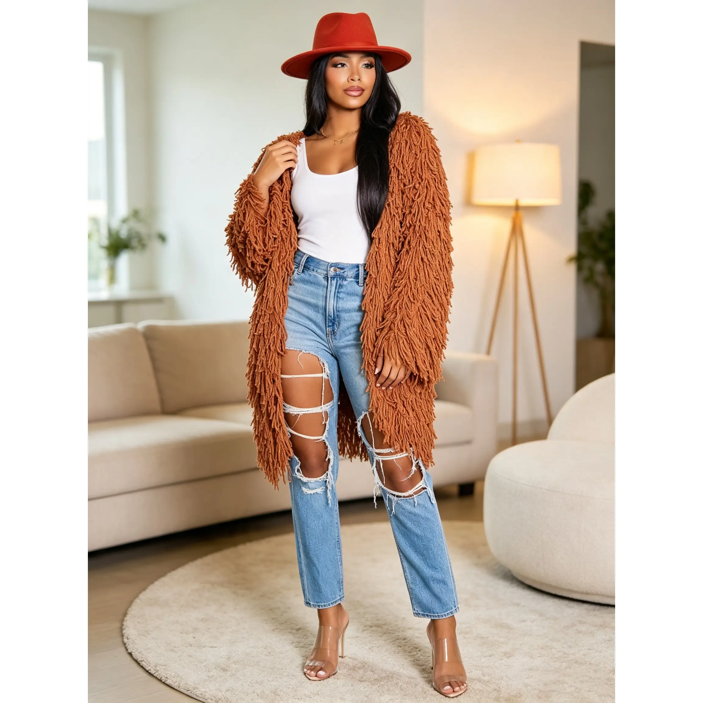 Women's Crochet Fringe Collarless Open-Front Cardigan Dress - Handmade Boho Stitch Longline Kimono, Summer Beach Cover-Up Layering Duster Breathable Knitwear