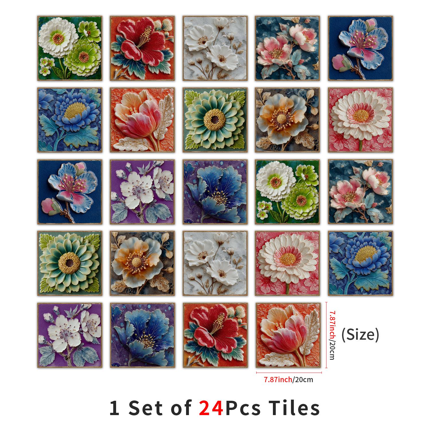 24PCS/Box NHZ 3D Embossed Floral Tile Stickers | Crystal Film Peel & Stick DIY Backsplash | Waterproof Oil-Proof for Kitchen/Bathroom/Furniture/Stairs/Wall Renovation