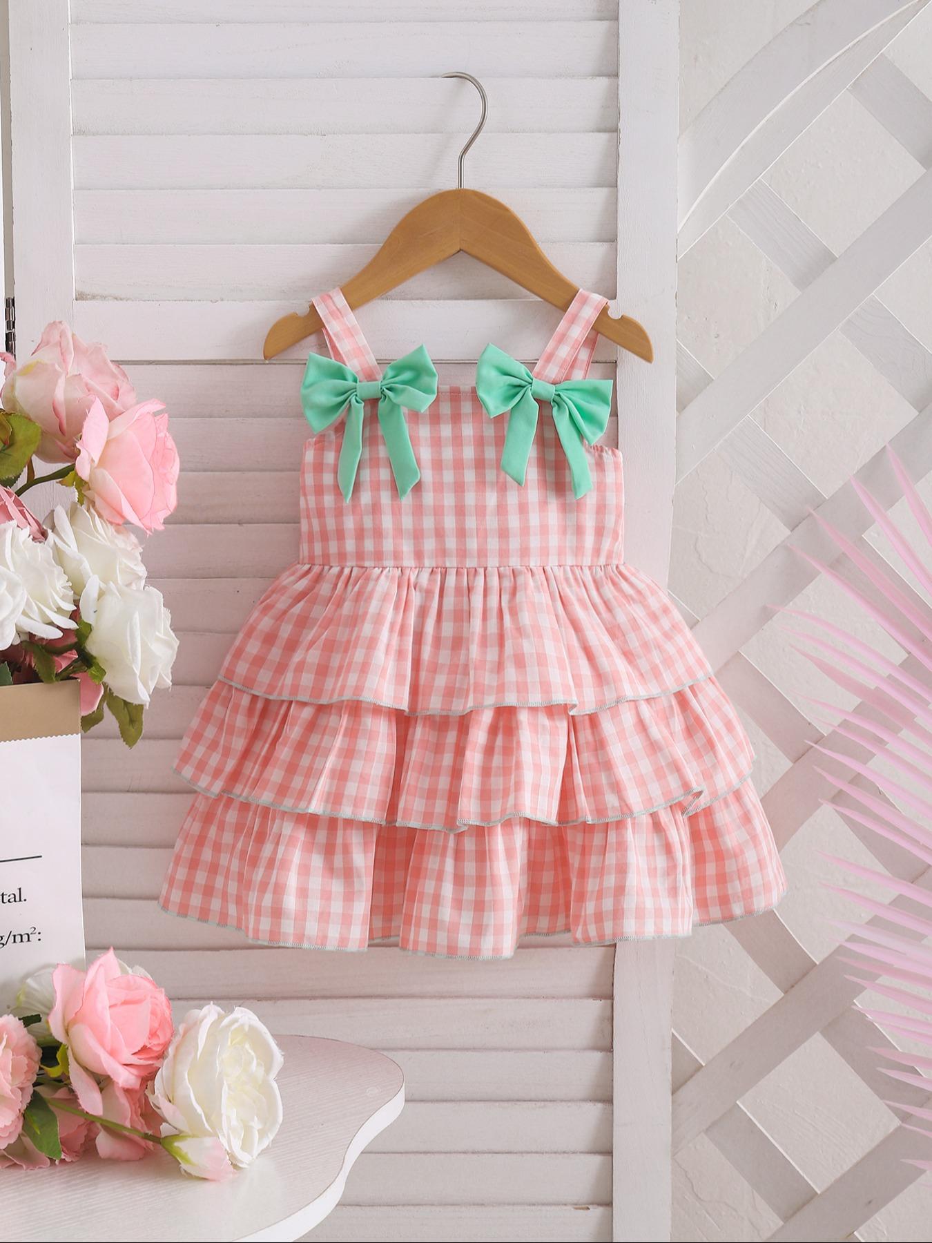 Summer New Cake Dress for Baby Girls, Fashion Forest Style, Elegant Contrast Color Strap Princess Dress, Butterfly Knot Decoration, Baby Girl Clothes