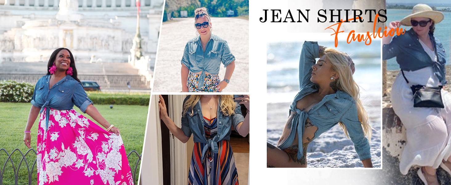 Ommig Women's  Denim Crop Top Tie Knot Shirt 3/4 Sleeve Cardigan