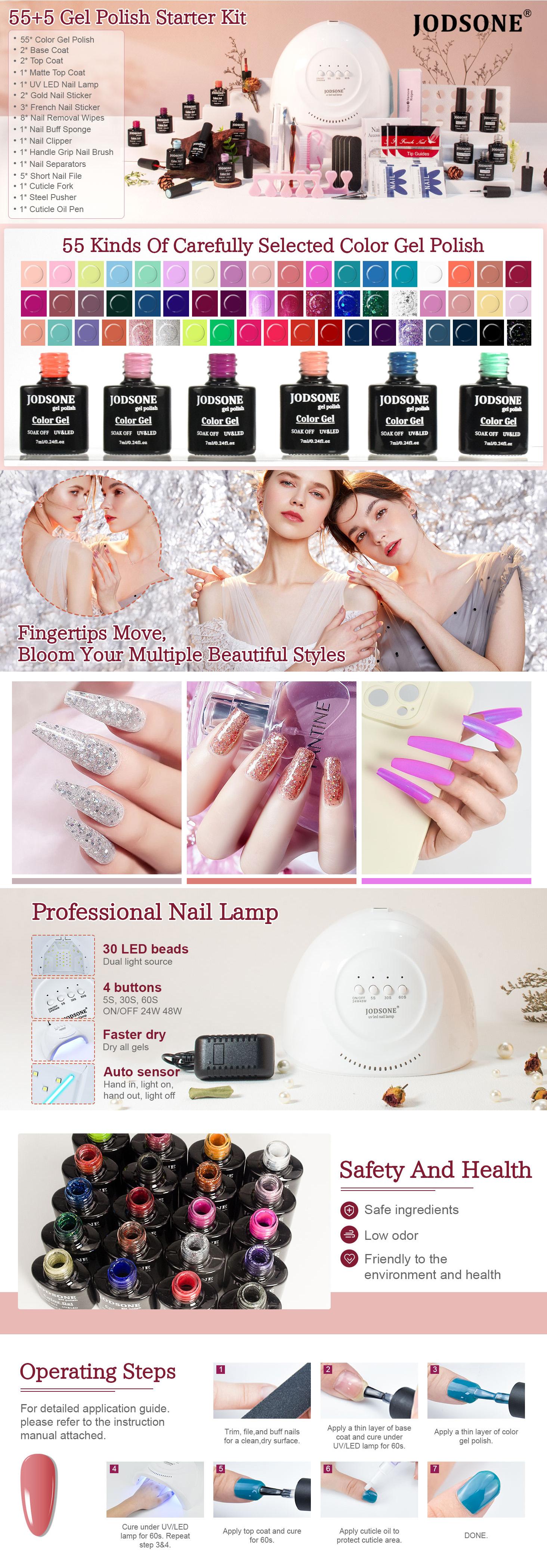 JODSONE Gel Nail Polish Kit 60 PCS with U V Light Base Top Coat 55 Shine Colors Bright and Dark Series Manicure Set