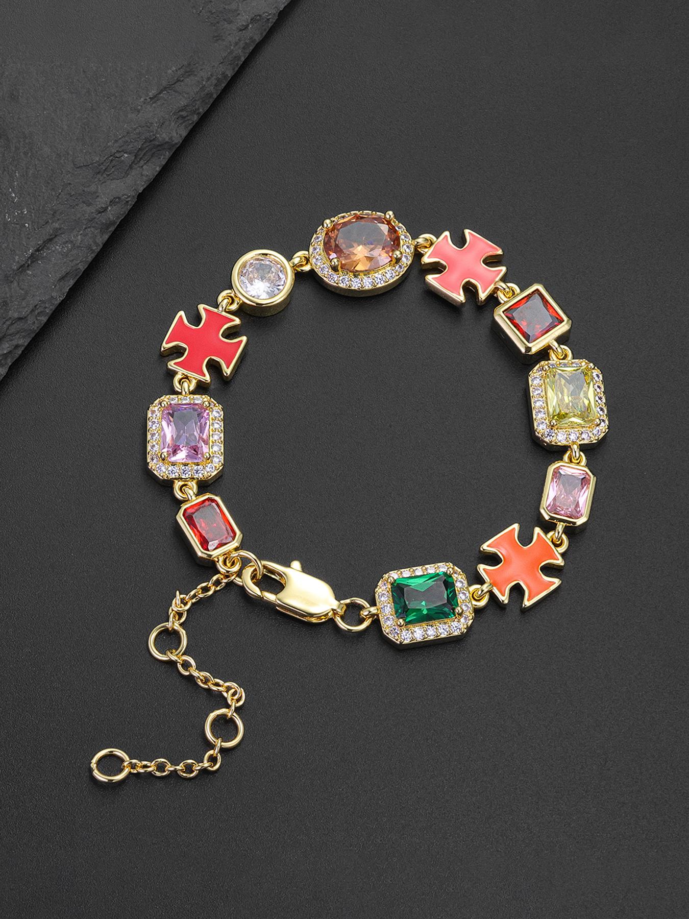 Iced Chics 2pcs/set Necklace Bracelet Set, Zirconia Jewelry Set, Colorful Zircon Cross Drip Pendant, Hip Hop Street Style, Unisex, Perfect Gift, All Seasons