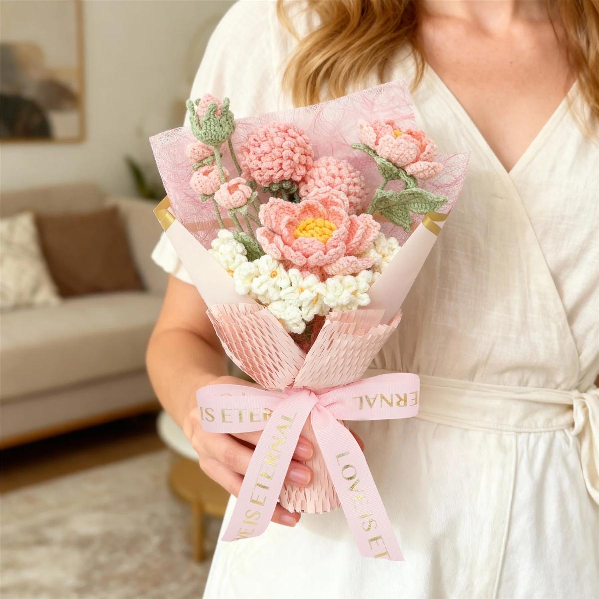 Handmade Knitted Flower Bouquet, Artificial Peony Fake Flowers, Mother's Day Valentine's Christmas Birthday Gift, Wedding Decoration, Artificial Mixed Flower