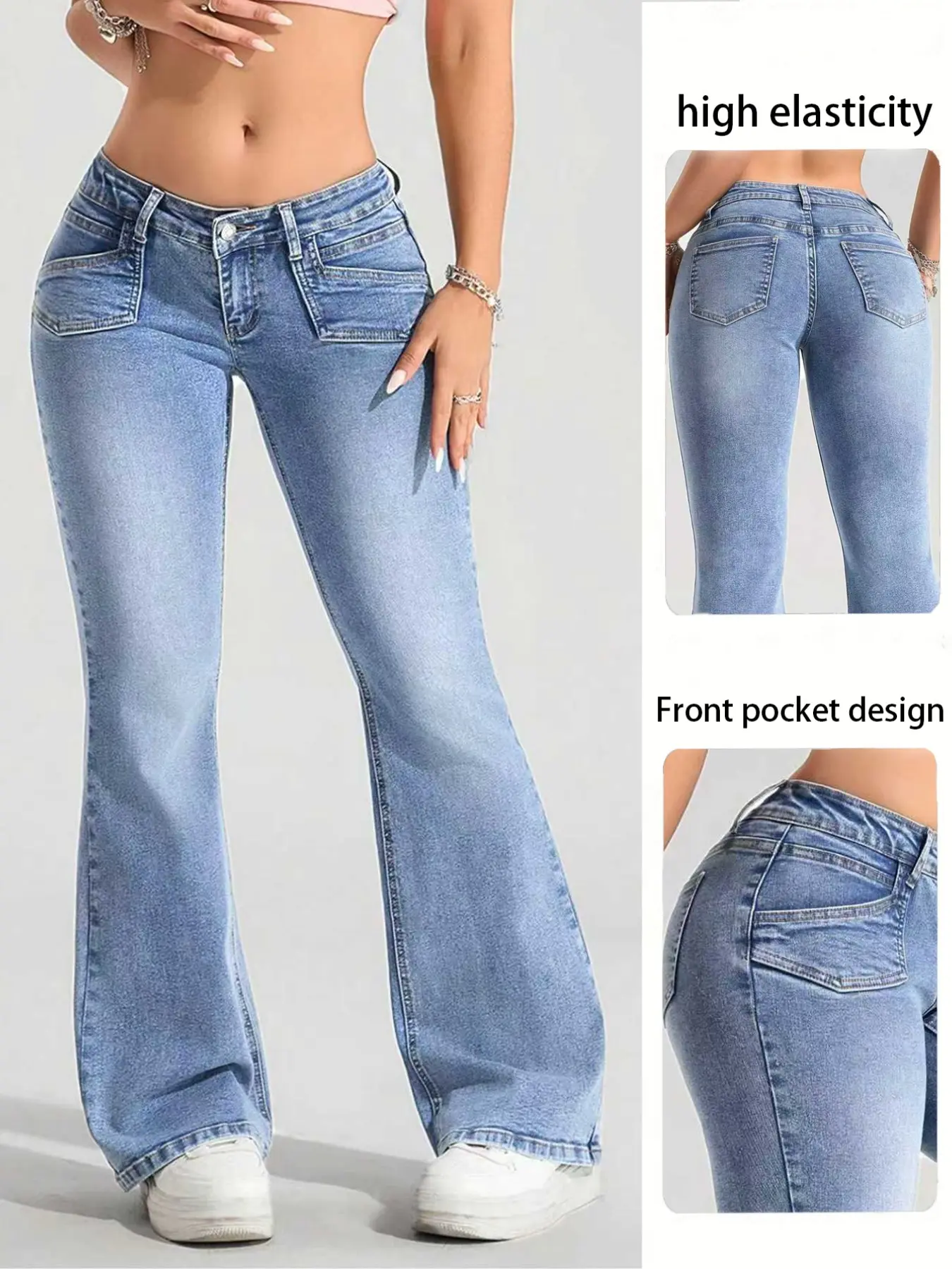 Women's Low Waist Stretchy Denim Casual Jeans Bell Bottom Pants, Casual Chic Style with Front Pockets, Perfect for Everyday Wear