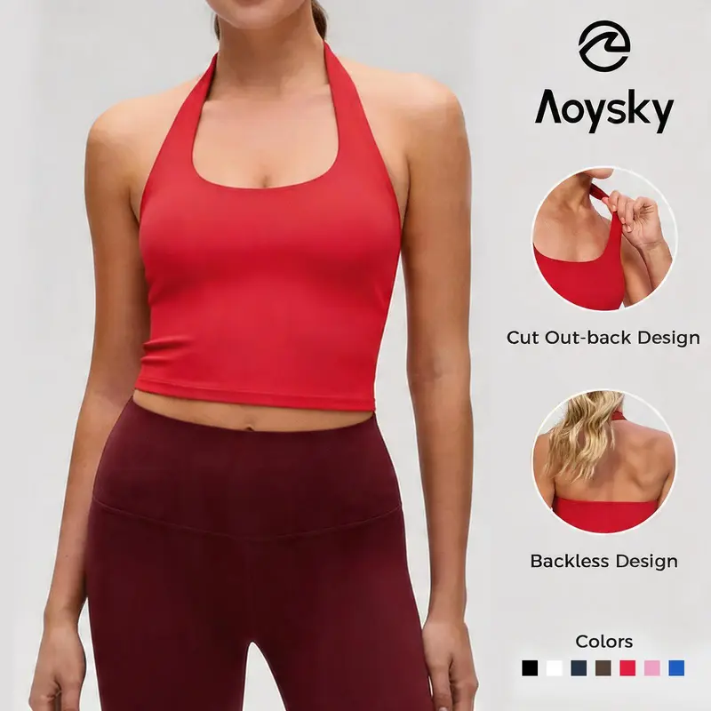 Aoysky Women's Buttery Soft Halter Cropped Tank Top - Built-in Padded Bra, Open Back Longline, Breathable Polyester Blend Activewear for Gym Fitness (Women's Tops, Athletic Sports Clothing)