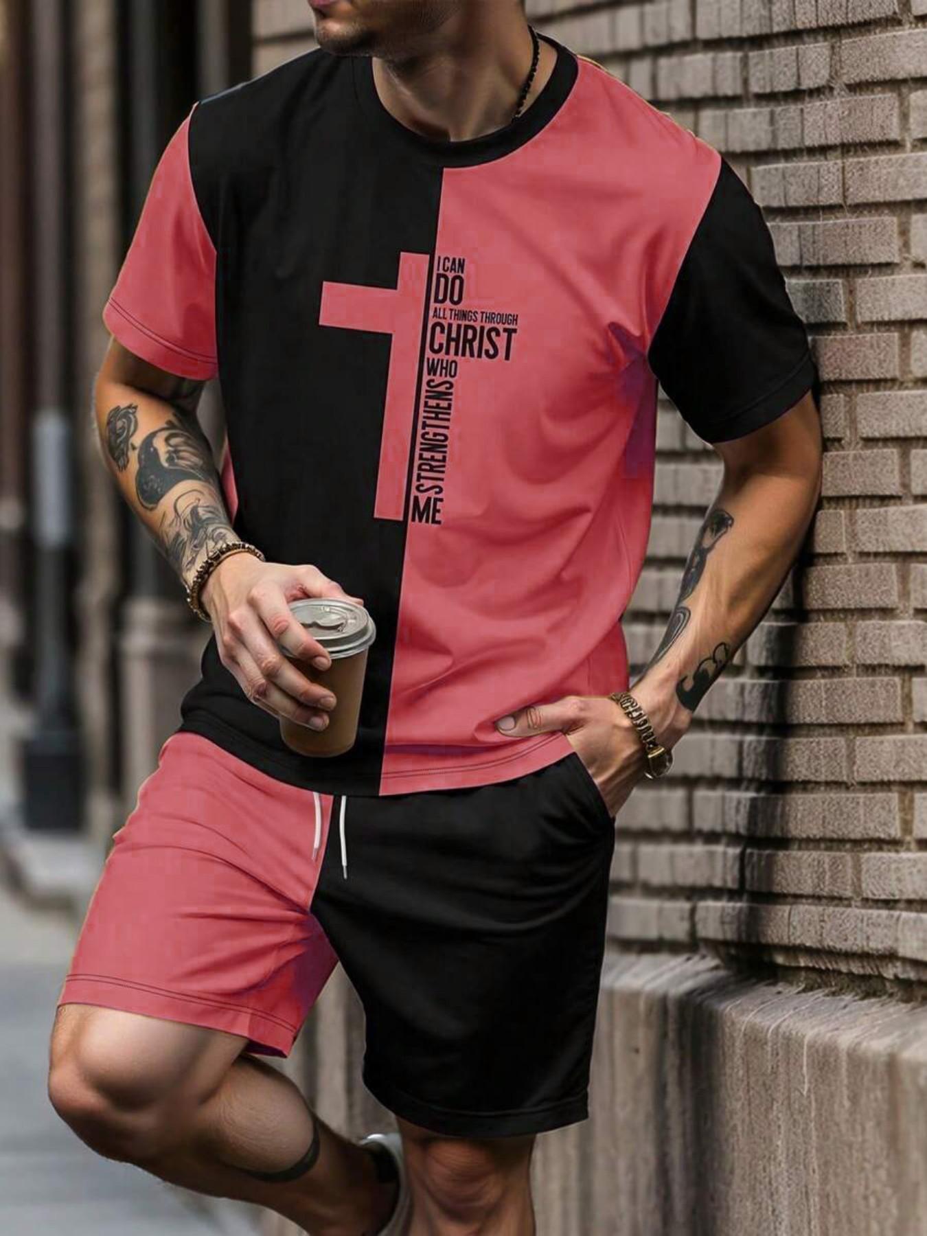 Men's Vintage Religious Style Two-Piece Set, Loose Fit Cross Print Short Sleeve T-Shirt + Gym Shorts, Fashionable for Men