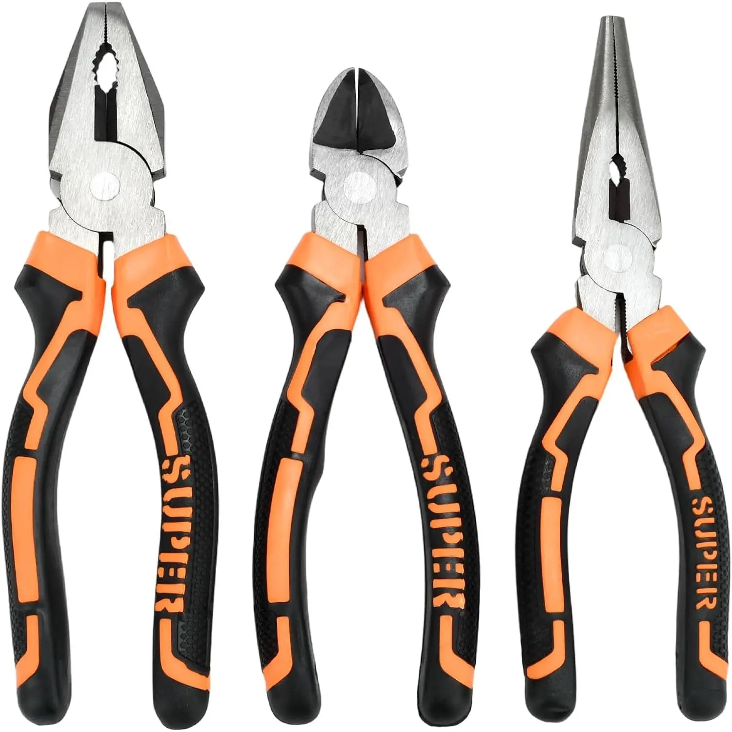Plumbers' 3-Piece 8-in CR-V Steel Pliers Set - Needle Nose, Diagonal Cutting, Slip Joint Pliers with Heat-Treated Blades, TPR Grip for Plumbing, Wire Work