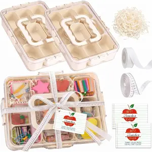 Qunclay 2 Set End of Year Gift Boxes Snack Container Divided Serving Tray with Lid and Handle Snack Organizer with Apple Cards and Ribbon for Teacher End of Year Graduation Party