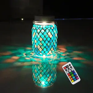 Solar Mosaic Lights - 12 Color Changing LED, 4 Lighting Modes with Remote Control, Handcrafted Glass Decor Lanterns, Hanging or Tabletop Decor for Garden (Bule)