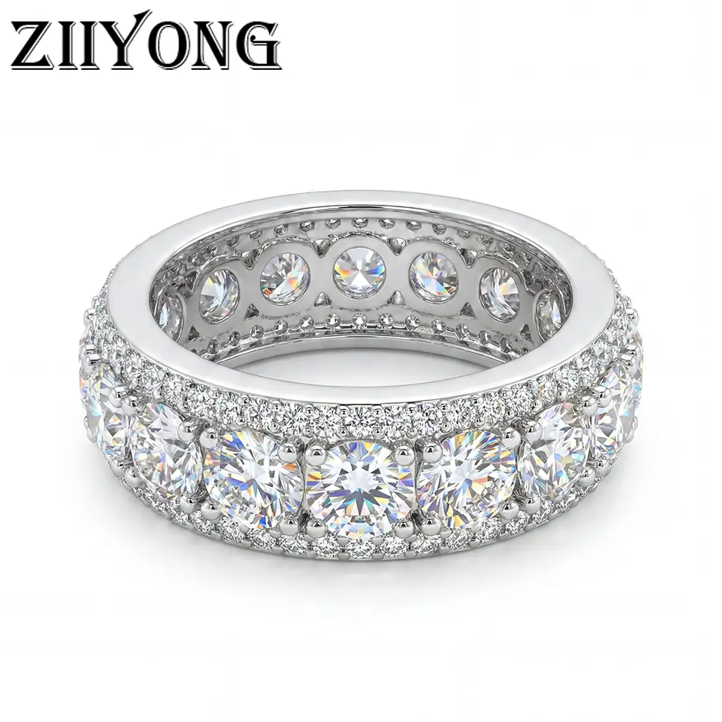 ZIIYONG Women's Multi-Row Brilliant Round Moissanite Eternity Band, 925 Sterling Silver, No Rhodium Plating, Hypoallergenic Luxurious Fine Jewelry, Ideal for Anniversary, Wedding Party Wear