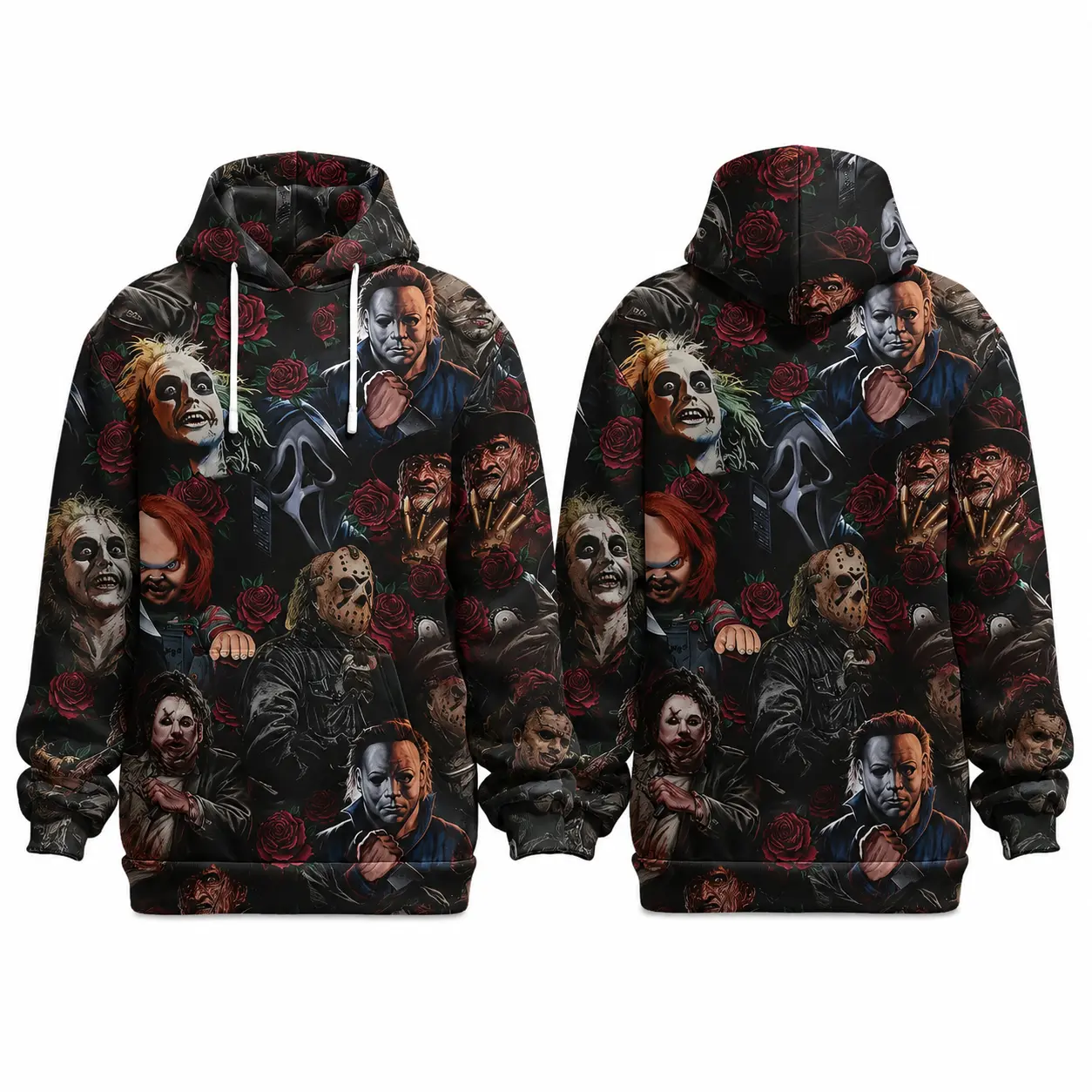 Retro Evil Character Graphic All-Over Print Hoodie, Spooky Season Hoodie, Halloween Gift for Men Women, Everyday Outfits for Autumn, Winter, and Spring