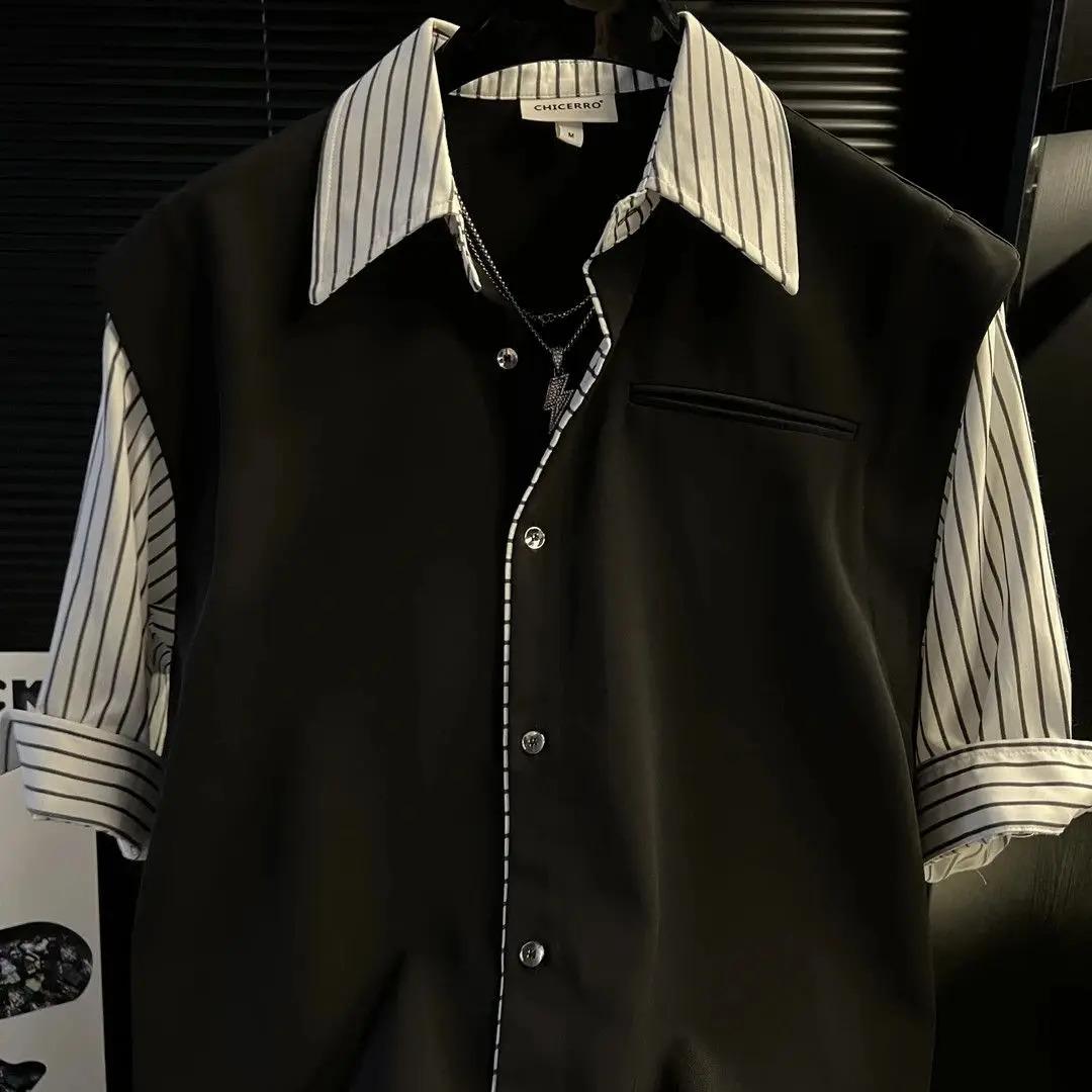 Summer Men's Patchwork Striped New Short-sleeved Shirt Fake Two-piece Design Casual Loose Versatile Shirt