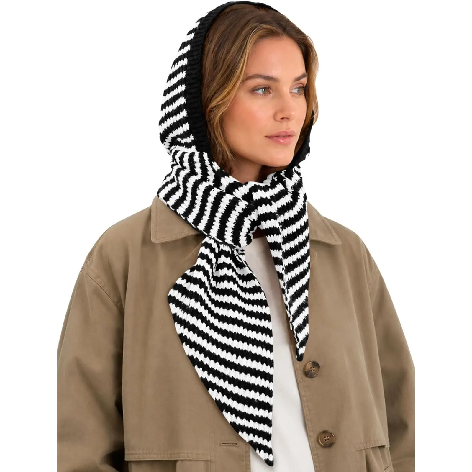 Saodimallsu Womens Striped Hooded Scarf Knit Hat Winter Warm Neck Wrap | 2-In-1 Design, Chunky Knit, Warm Hat, Winter Scarf For Women Cold Weather, Balaclava Scarf, Women's Accessory