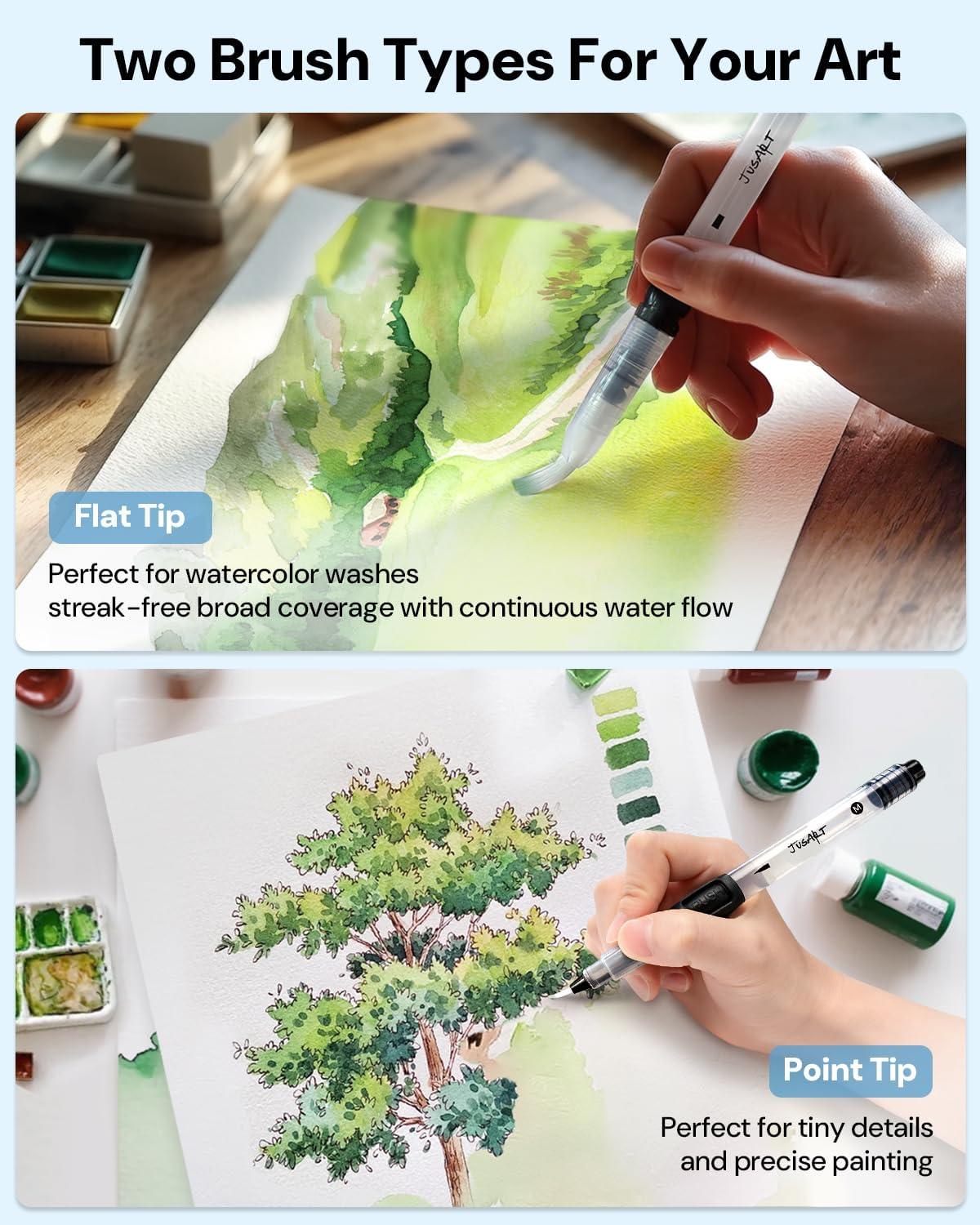 [JusArt] Water Brush Pens 6-Pack Leak-Proof Refillable Watercolor Pens for Acrylic and Gouache Painting - Includes Pointed & Flat Tip Styles - Portable Water Brushes for Artists, Beginners, Kids