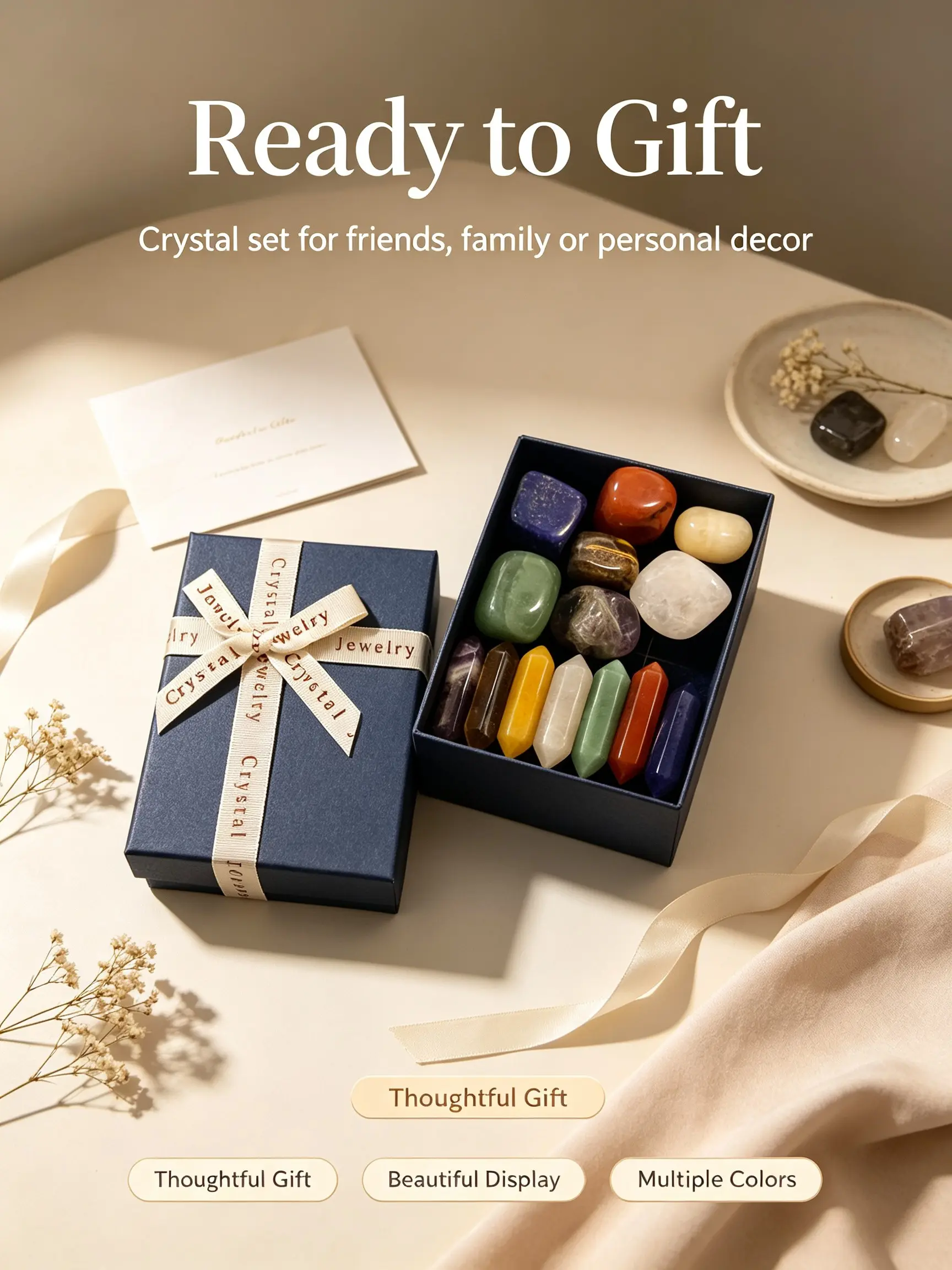 14-Piece Natural Stone Chakra Crystal Set, Yoga Home Office Decor, Dual Point Energy Crystals, Gift Box, Ideal for Meditation, Christmas Gift