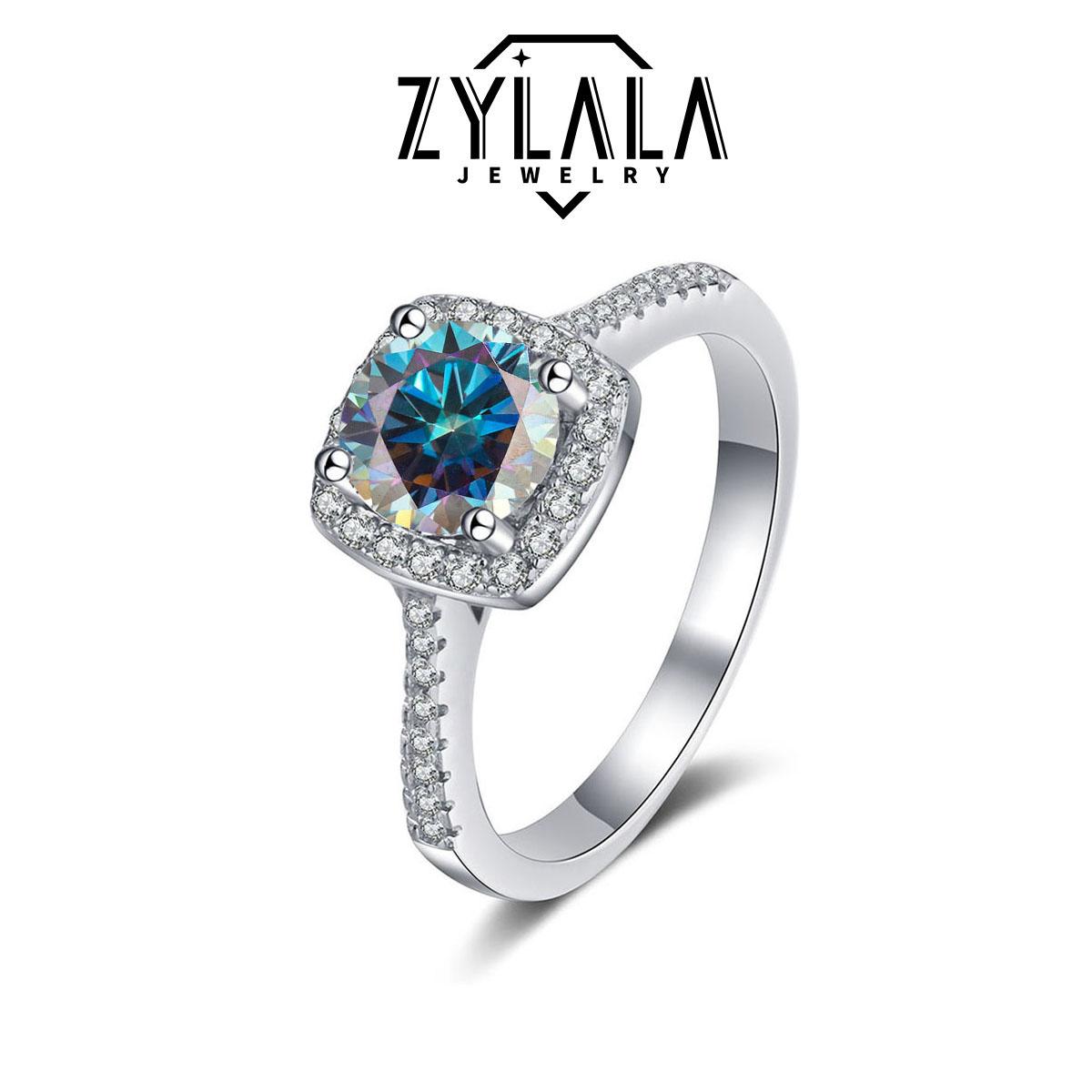 [245 Colorful Blue] 1/2CT Synthetic Moissanite Square Ring + Eternity-band Set Square Halo Design 925 Sterling Silver Promise Ring Engagement Wedding Gift