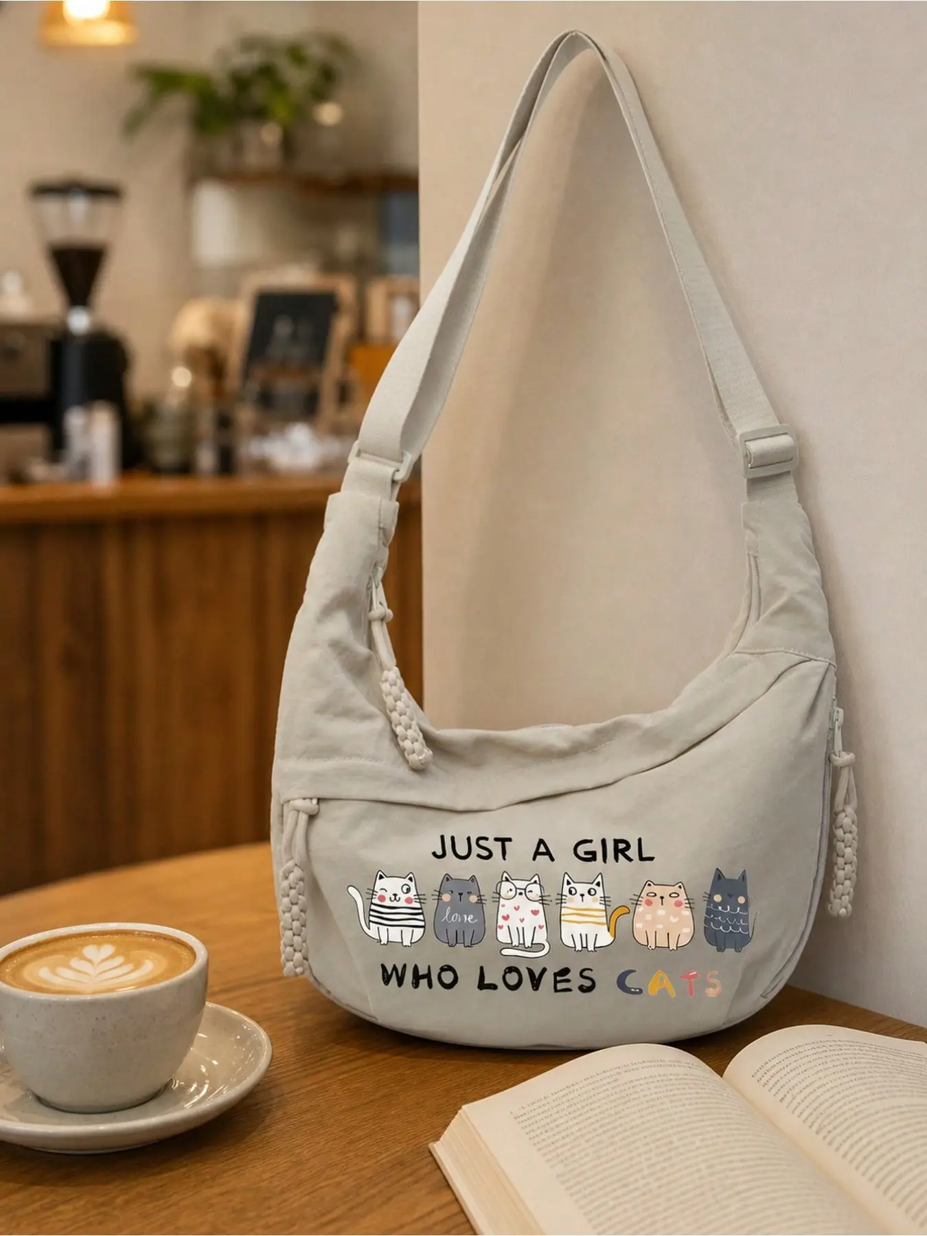 Cute Cat Print Dumpling Shoulder Bag, Soft Lightweight Nylon Crossbody Tote Bag, Large Capacity Casual Underarm Messenger Bag for Students Girls