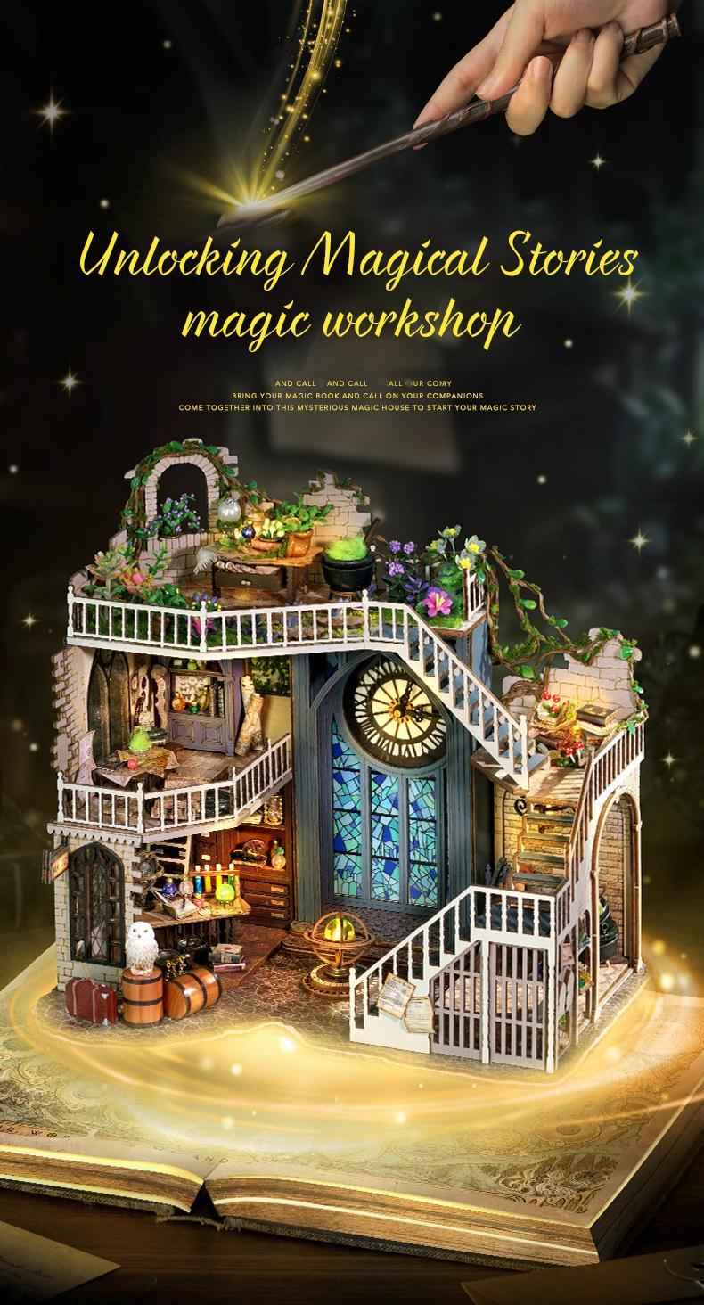 CUTEBEE DIY Decoration with LED Lights Creative Christmas Holiday Gifts for Adults Wooden House Kit Stem Building Block Magnetic Tiles